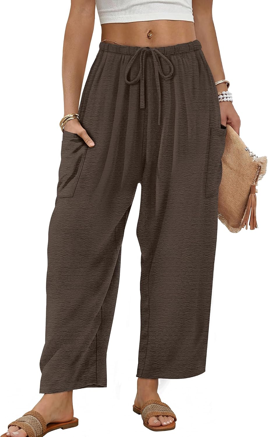 Detalle 2 de Sampeel Wide Leg Pants for Women – Barrel Palazzo Elastic Waist with Pockets