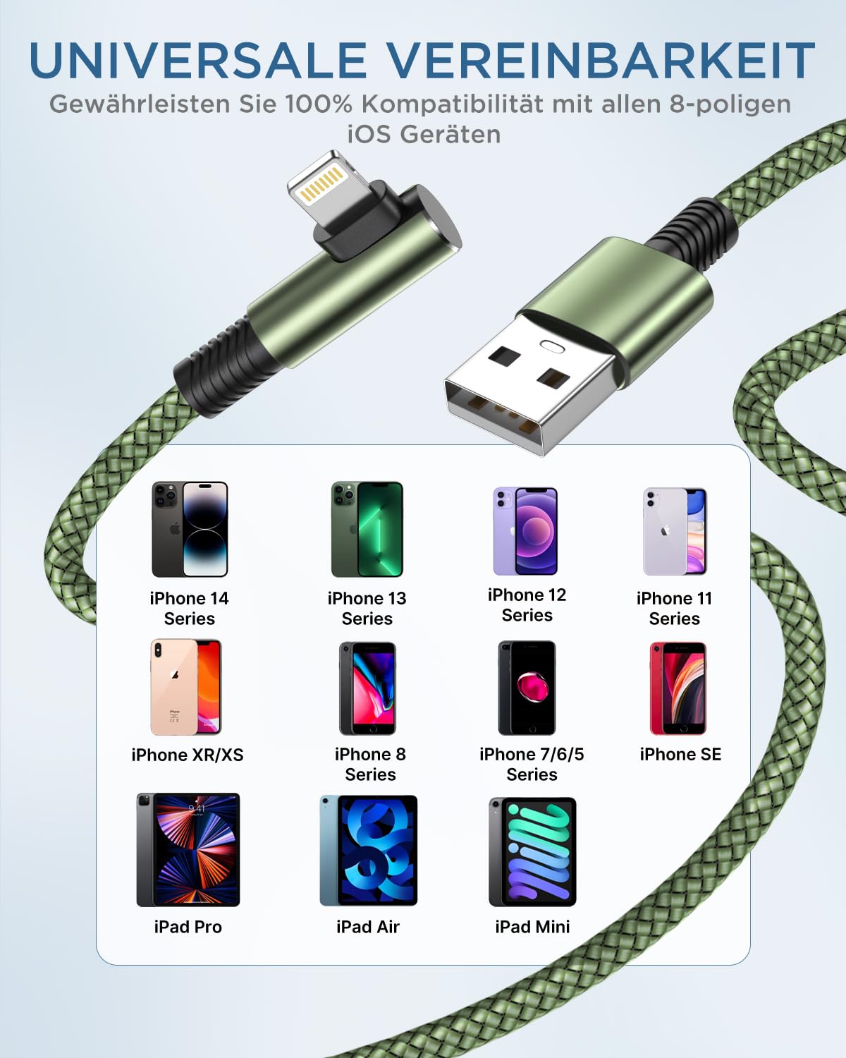 Detalle de Yosou Lightning Ladekabel (90°) mit MFi-Zertifizierung – 3er Set, je 2 m