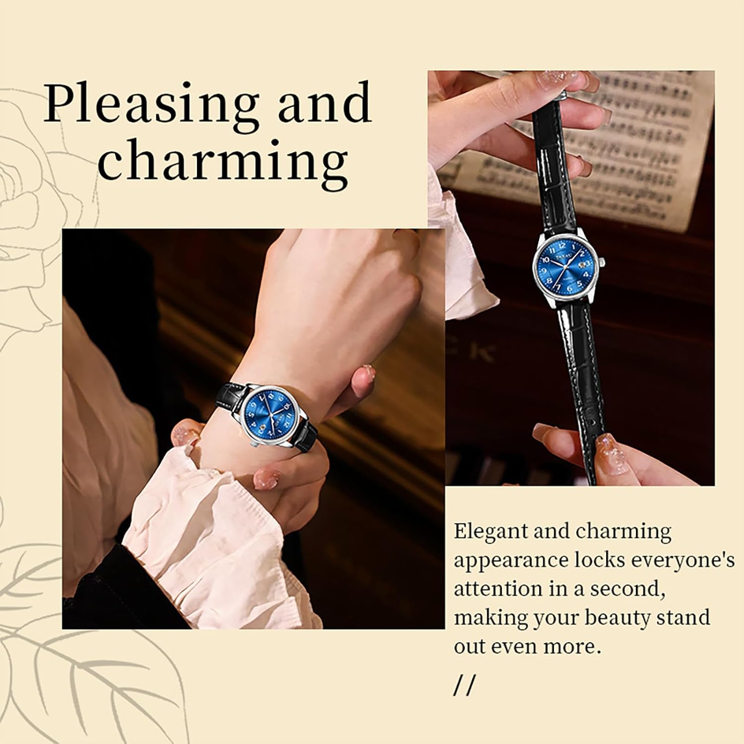 Thumbnail 4 de Taxau Damenuhr mit analogem Quarzwerk, Lederarmband und Datumsanzeige