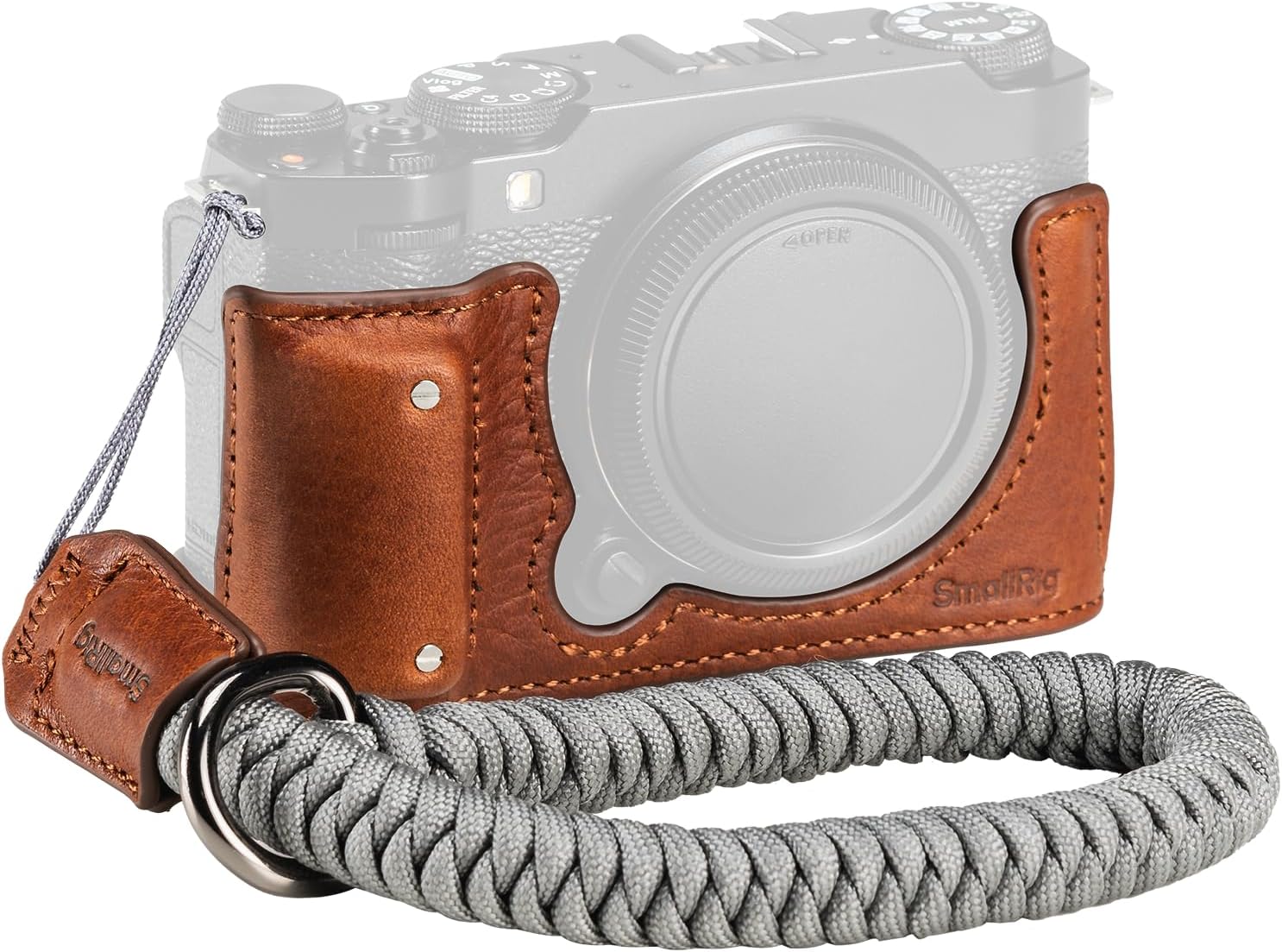 Detalle de SMALLRIG 4880 halfcase voor FUJIFILM X-M5, bruin, met polsband
