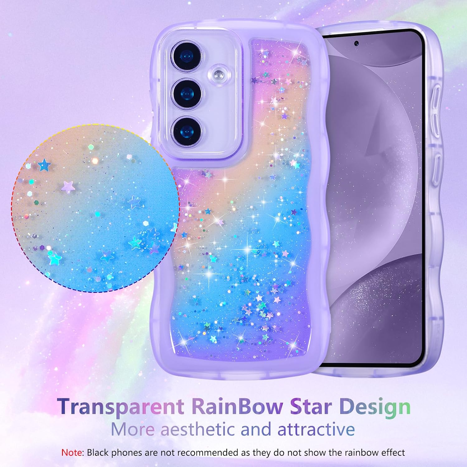 Thumbnail 2 de ZTOFERA Galaxy A15 4G/5G Case (6.5") — Curly Wave TPU Cover with Rainbow Star Glitter, Clear TPU Shockproof Phone Protection
