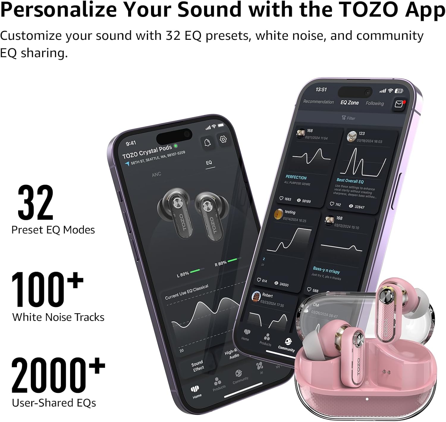Thumbnail 4 de TOZO Crystal Pods cuffie Bluetooth 5.4 con ibrido ANC, chiamata AI e fino a 35 ore di riproduzione (rosa)
