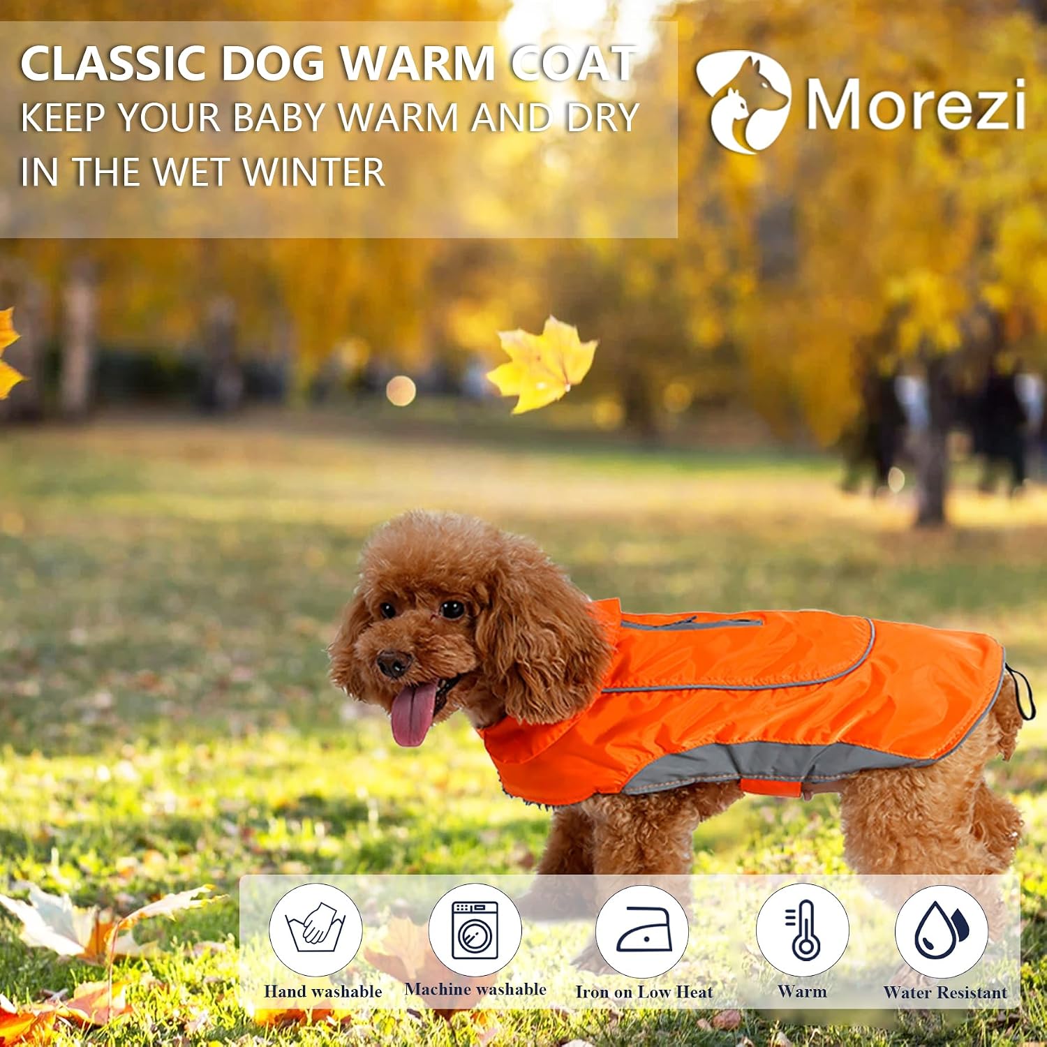 Detalle de Morezi Dog Warm Coats Jacket - Waterproof Coat with Harness Hole for Small to Medium Dogs (Orange, Size S)
