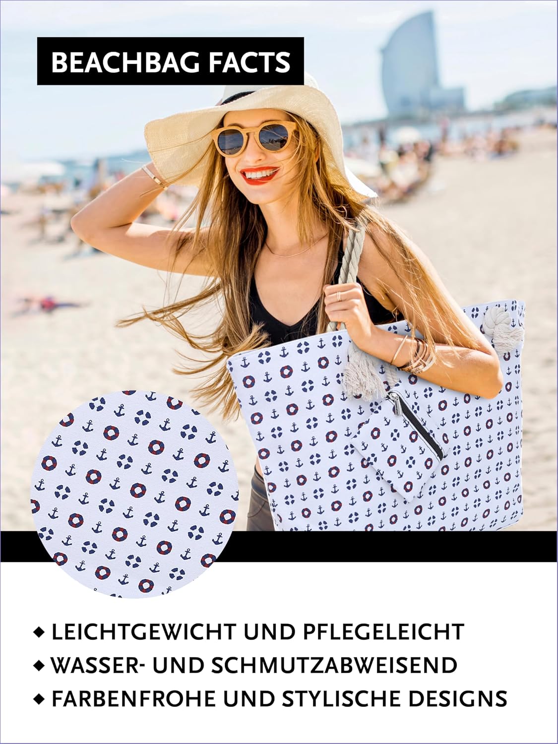 Detalle de DonDon Strandtasche XXL mit Reißverschluss – Umhängetasche/Shopper mit Innenfach und Mini-Tasche