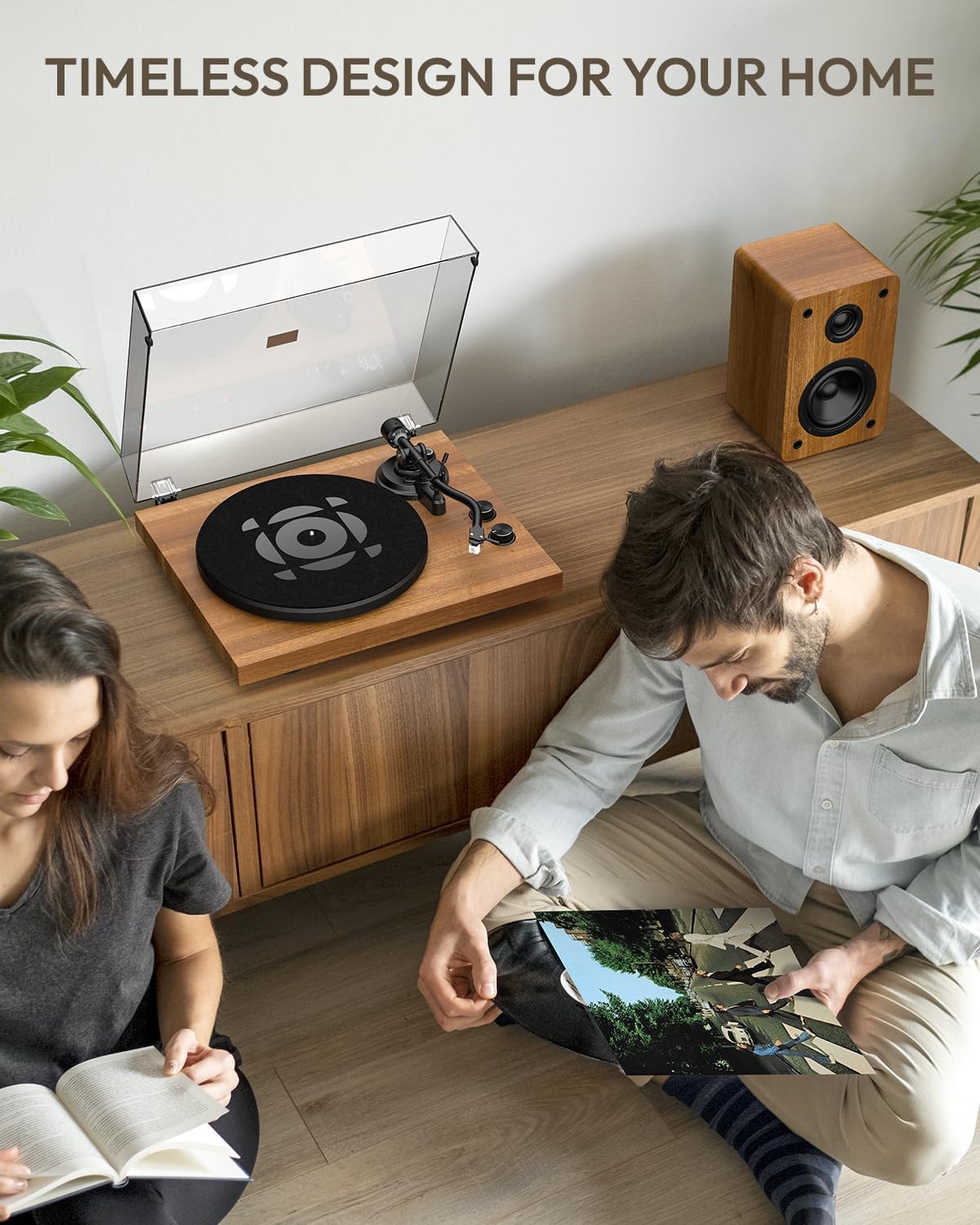 Detalle de QLEARSOUL SoulBox S1 Vinyl Record Player with Stereo Speakers (Walnut)