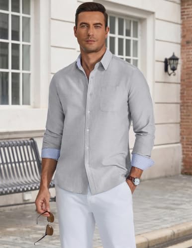Detalle 2 de COOFANDY Chemise Homme Oxford, manches longues sans repassage, coton décontracté infroissable — Gris clair, 2XL
