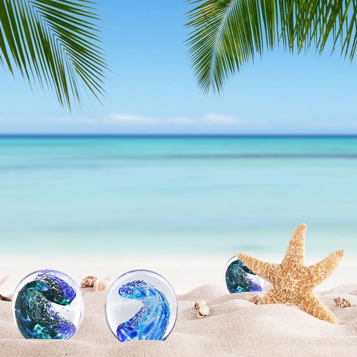 Detalle de Hand Blown Ocean Waves Glass Ball Paperweight
