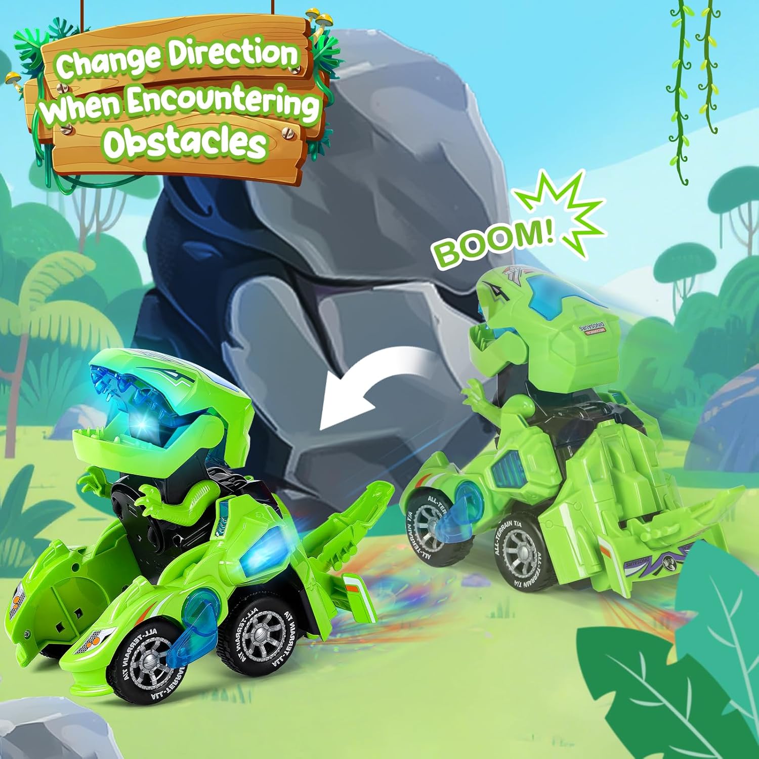 Thumbnail 2 de Yellcetoy Dinosaur Transforming Car (Automatic Dino Car Toy) with Flashing Lights & Sound – Green