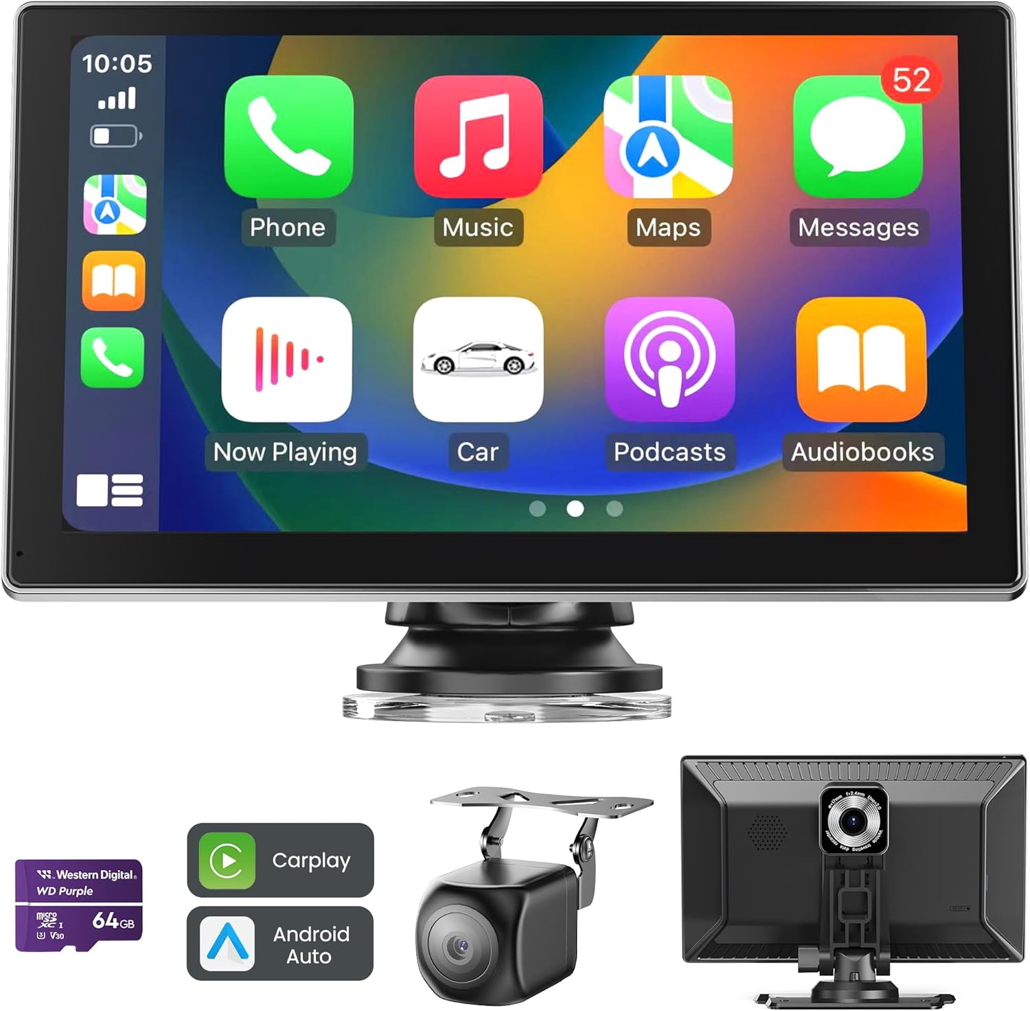 Carplay Auto 9'': Dash Cam 4K Frontale e 1080P Posteriore, Navigazione GPS, CarPlay/Android Auto Wireless, Mirror Link e SD 64GB Inclusa