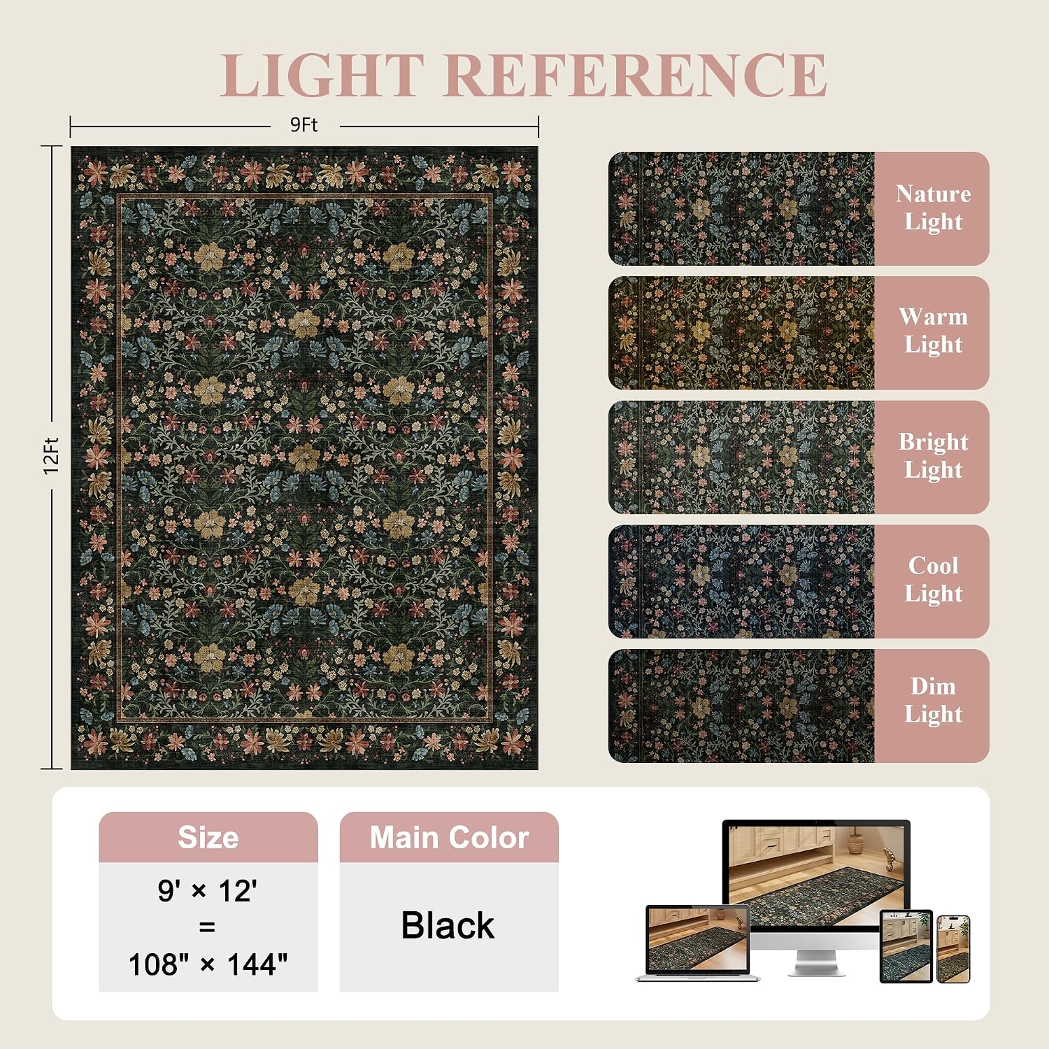 Detalle de DUKINO 9x12 Vintage Floral Area Rug for Living Room