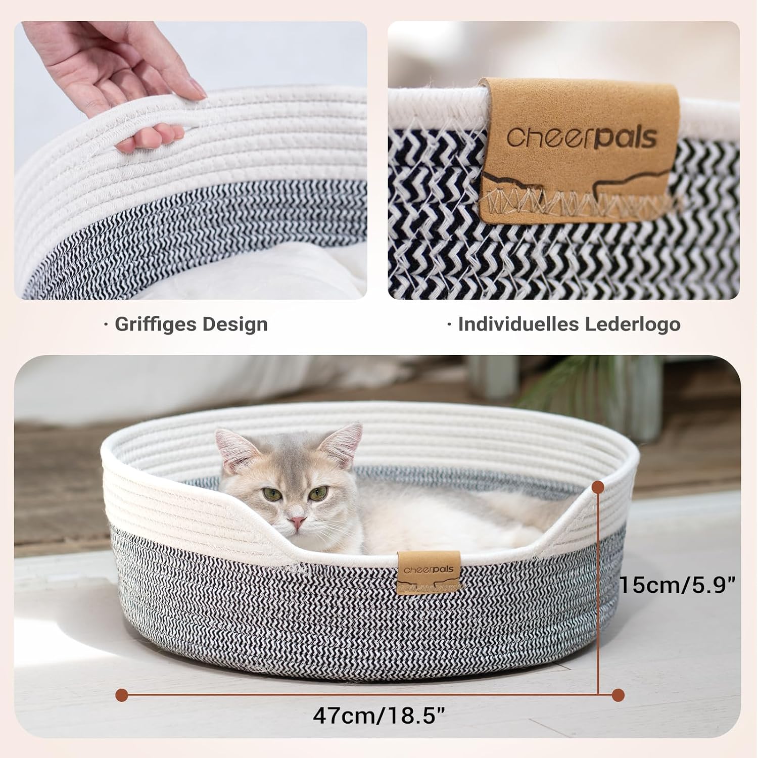 Thumbnail 3 de CheerPals Katzenbett mit Kissen (47 cm) – waschbarer Katzenkorb aus Baumwollseilen, für Sommer & Winter