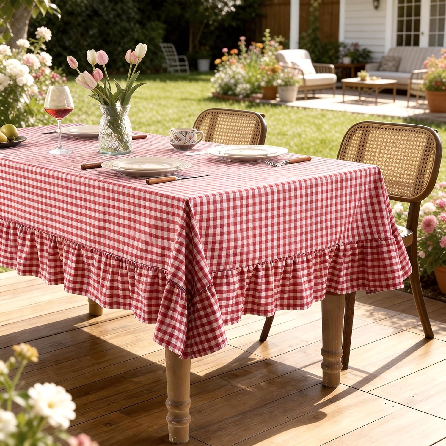 Detalle de Romanstile Gingham Ruffled Tablecloth Rectangle - 60 x 120 Inch, Red