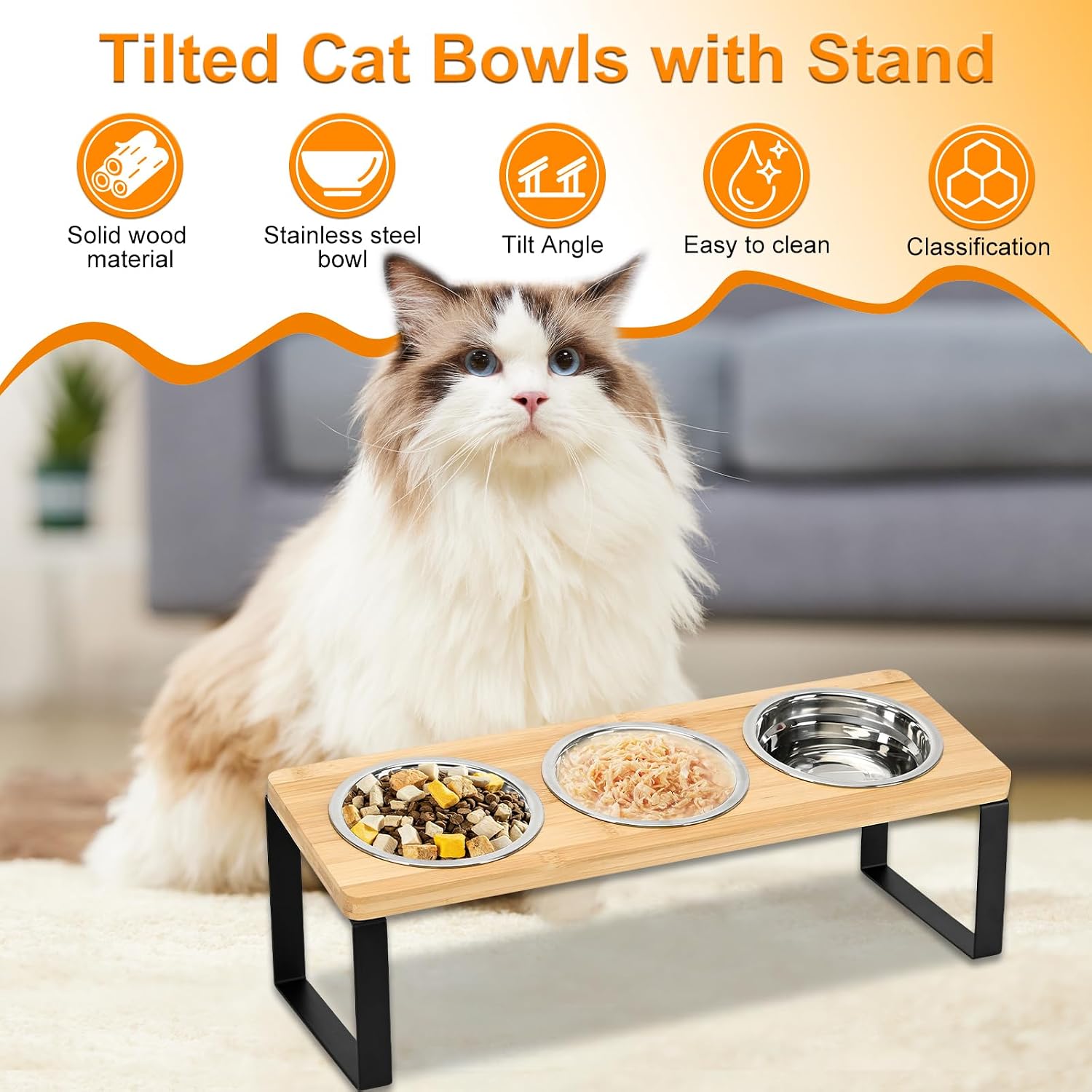 Thumbnail 1 de Raised Cat Bowl with Stand (15° Tilt) – Set of 3 Stainless Steel Bowls on Bamboo Base