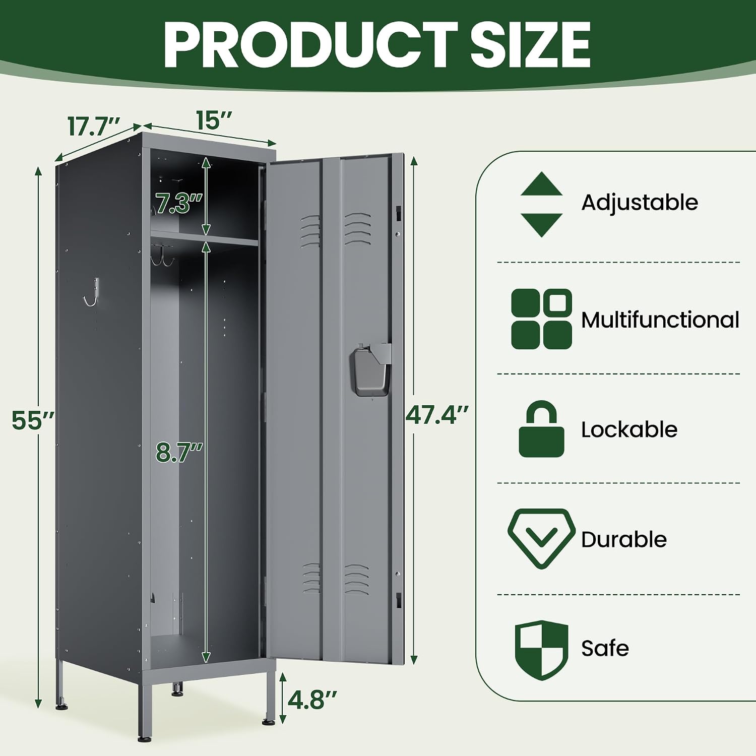 Thumbnail 2 de VIYET SL002 Metal Storage Locker, 1-Door Gray Steel Cabinet with Shelf