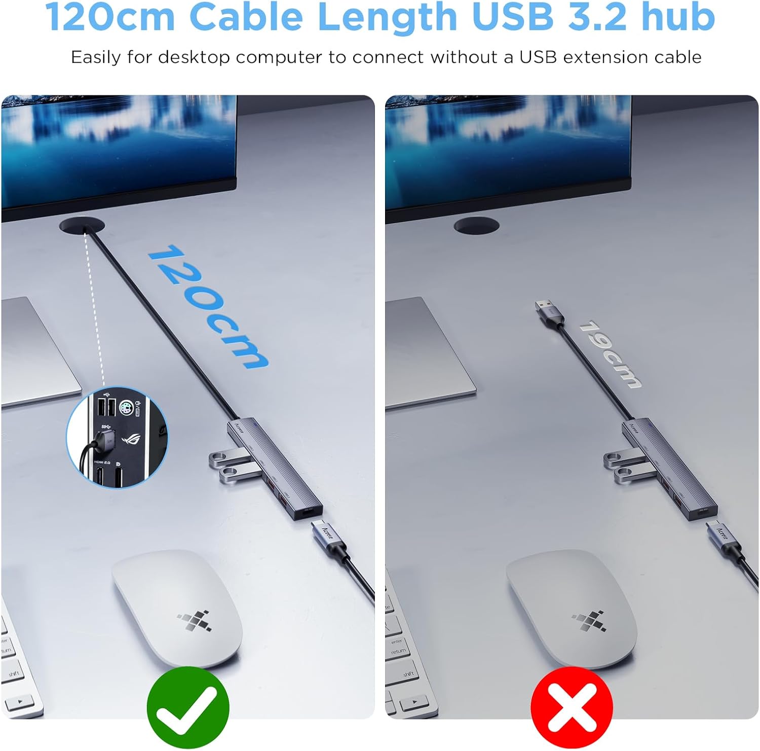 Detalle de Aceele USB Hub 3.2 Gen 2 Splitter mit 4 USB-A-Anschlüssen, 1,2 m Kabel – kompatibel zu Laptop, PC, Xbox und Mac