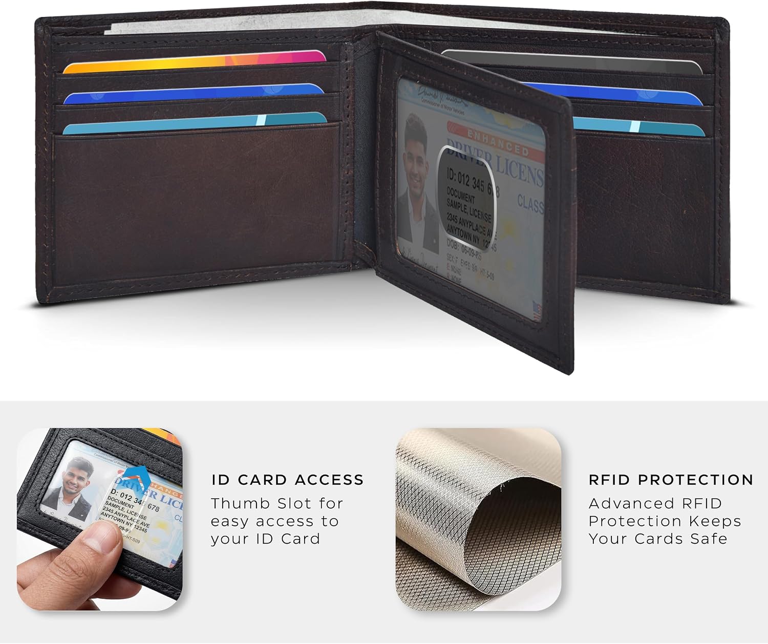 Detalle de Oak Leathers brown leather bi-fold wallet for men with 9 card slots and RFID blocking