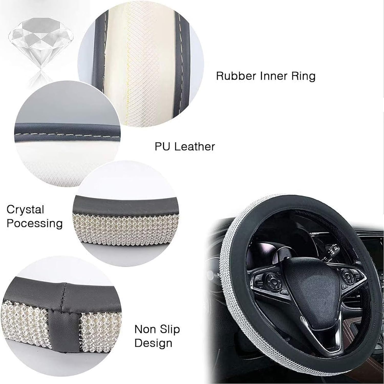 Thumbnail 4 de Lifetooler bling steering wheel cover with rhinestones (beige-white), universal fit for 38cm/15 inch wheels