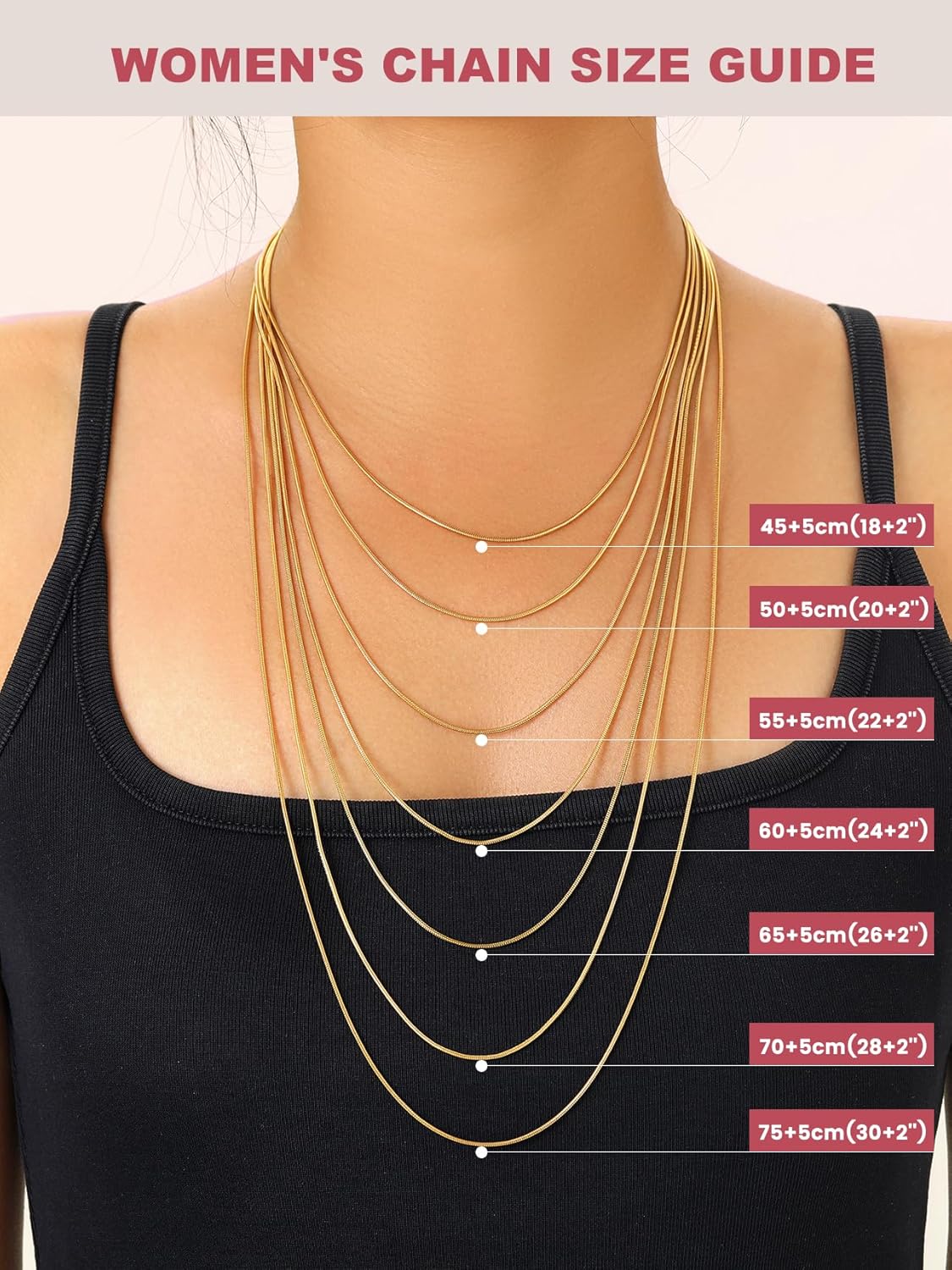 Detalle de FOCALOOK Collier Chaîne Serpent Femme Fine 1,2 mm en Acier Inoxydable – Argent / Plaqué Or / Noir / Or Rose, longueur 70 cm (+ 5 cm) – Parure légère