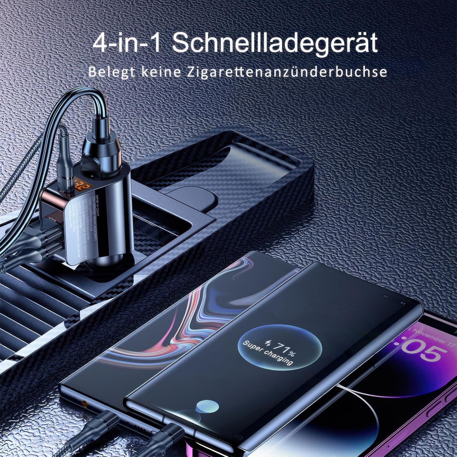 Detalle de RLCWerk 4-in-1 Zigarettenanzünder-Verteiler mit USB‑C Ladegerät bis 128 W und Spannungsanzeige