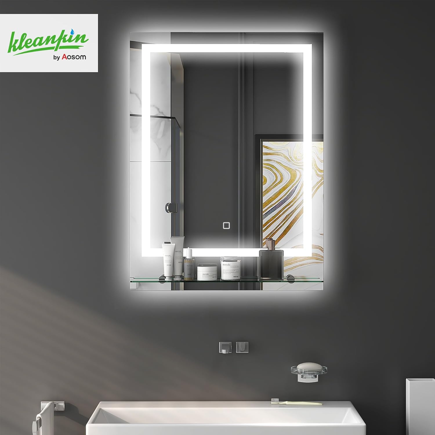 Thumbnail 1 de kleankin Miroir Lumineux LED rectangulaire avec étagère – 70 × 50 cm, anti-buée, interrupteur tactile