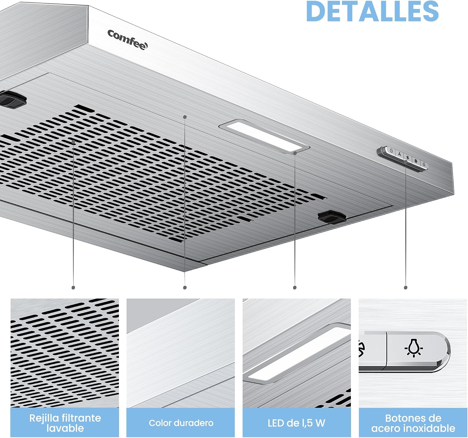 Detalle de Comfee SLIF17SS-60 LED: campana extractora bajo encimera de 60 cm y 200 m³/h