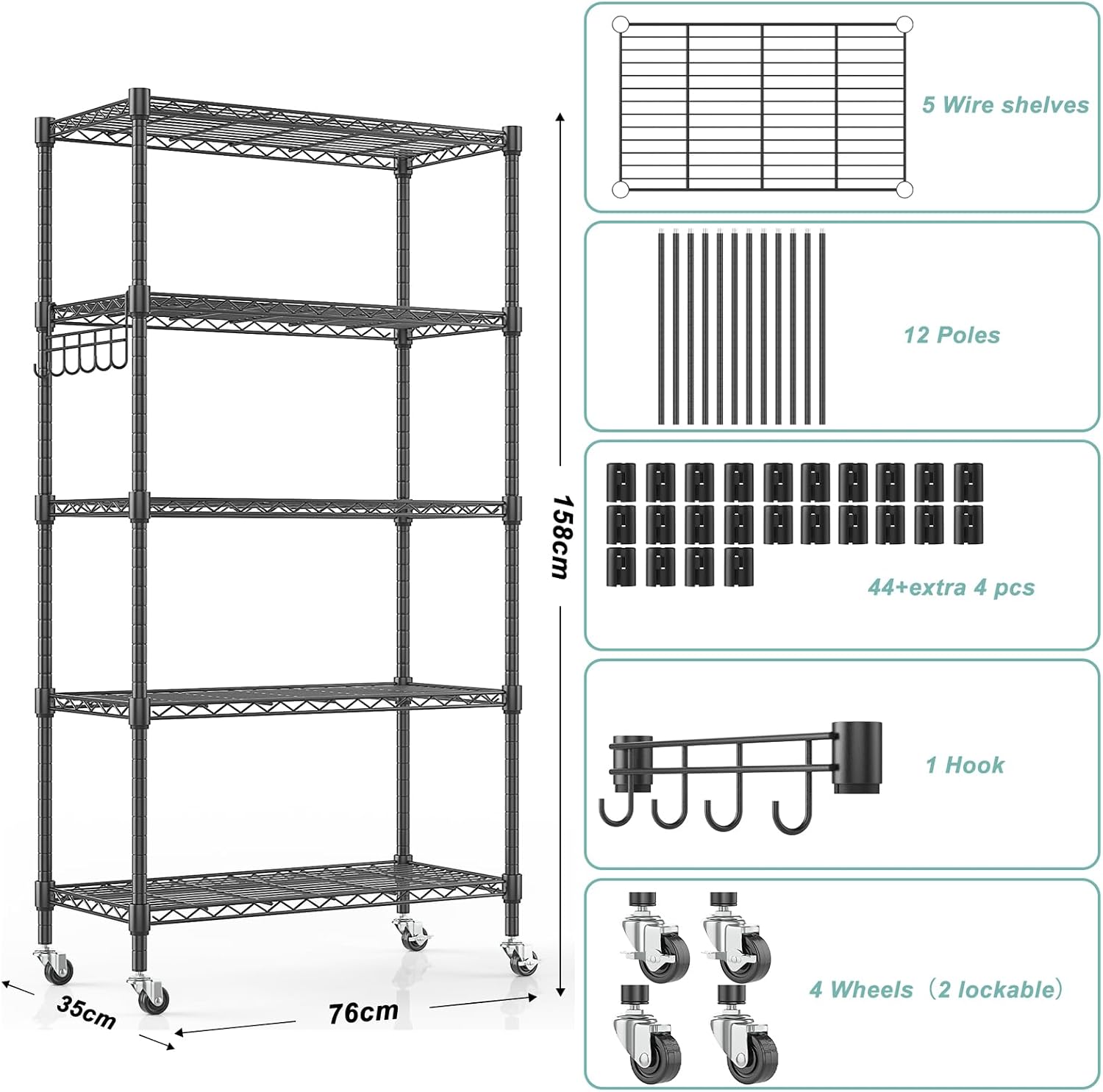 Detalle de Himimi 5-Tier Wire Shelving Unit on Wheels, Adjustable Carbon Steel Rack