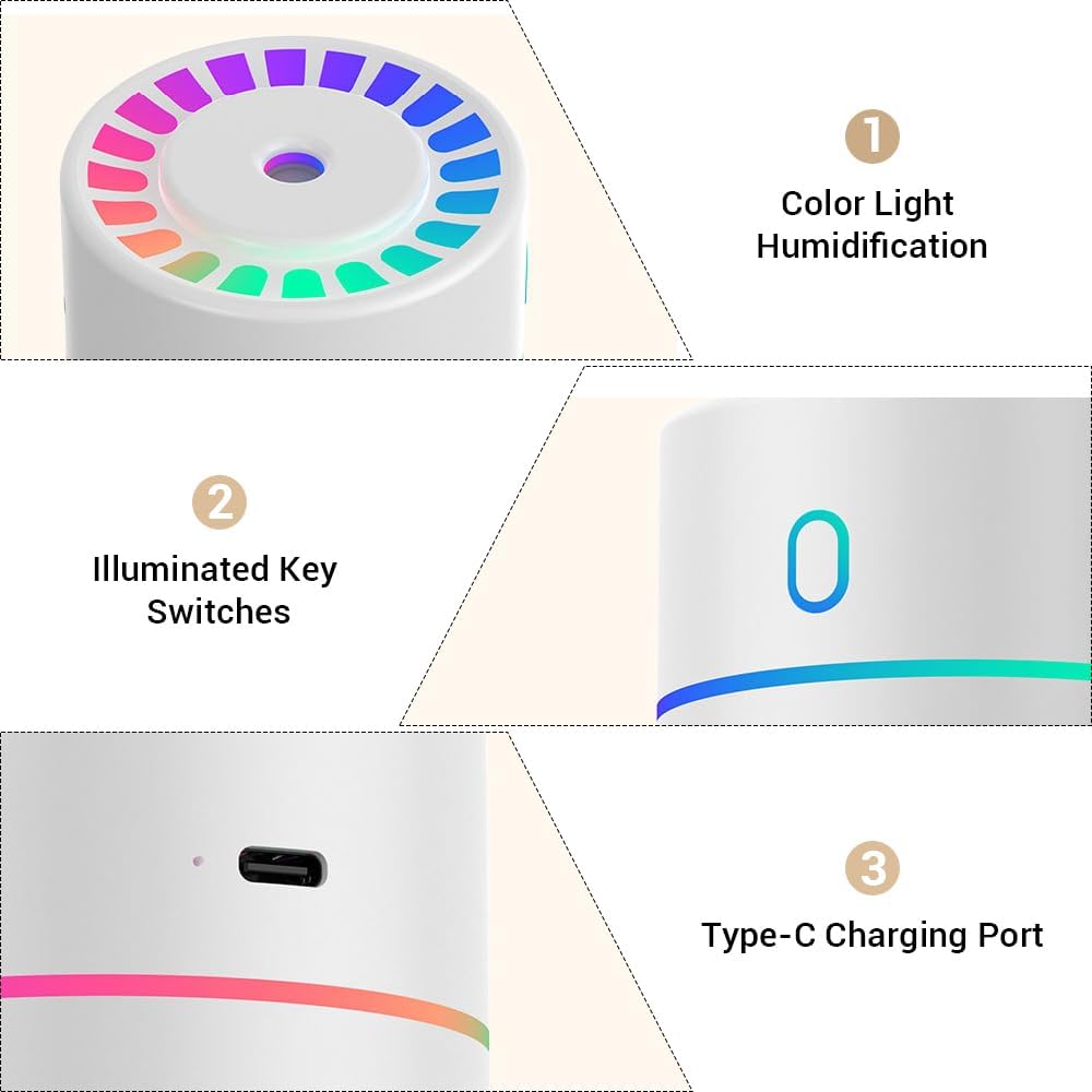 Detalle de Mist Humidifier 230ml Personal Humidifier with Colourful Lights – USB Diffuser for Home, Office and Car