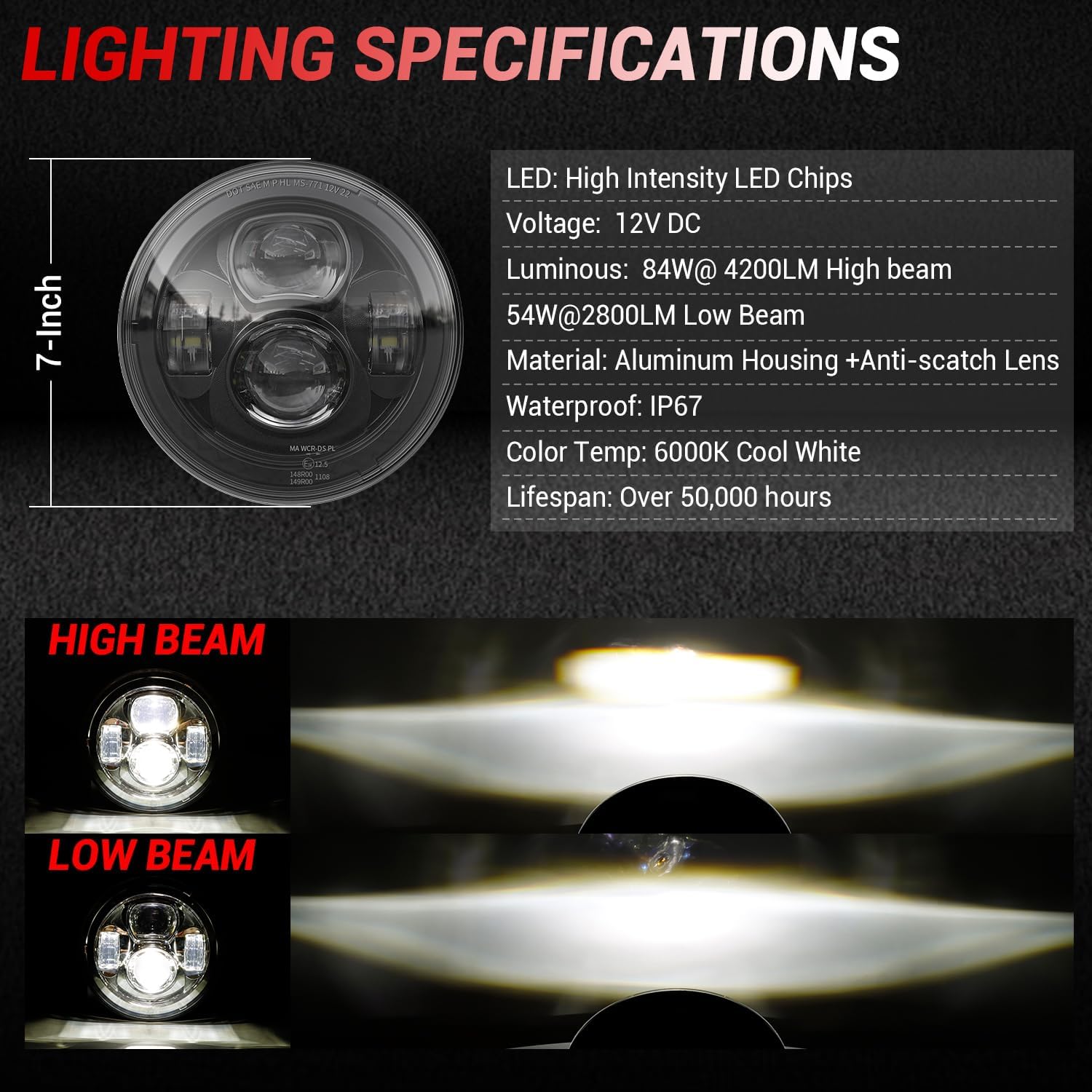 Thumbnail 6 de Z-OFFROAD SJ-770-22-BK 7-Inch LED Motorcycle Headlight Kit, Black, DOT/SAE