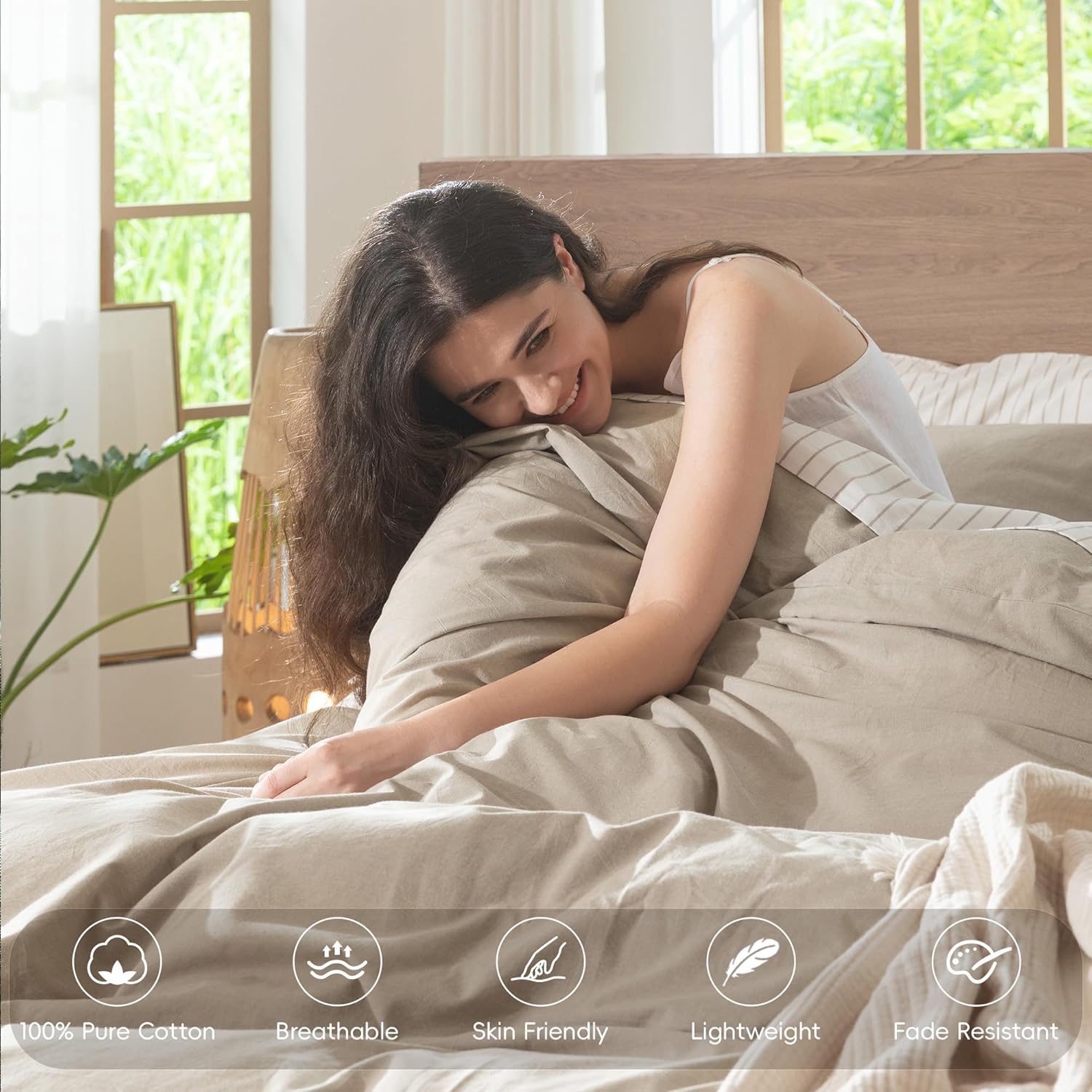 Detalle de MooMee Bedding Washed Cotton Duvet Cover Set (Queen) — Heathered Tannish Linen Grey, Soft & Breathable