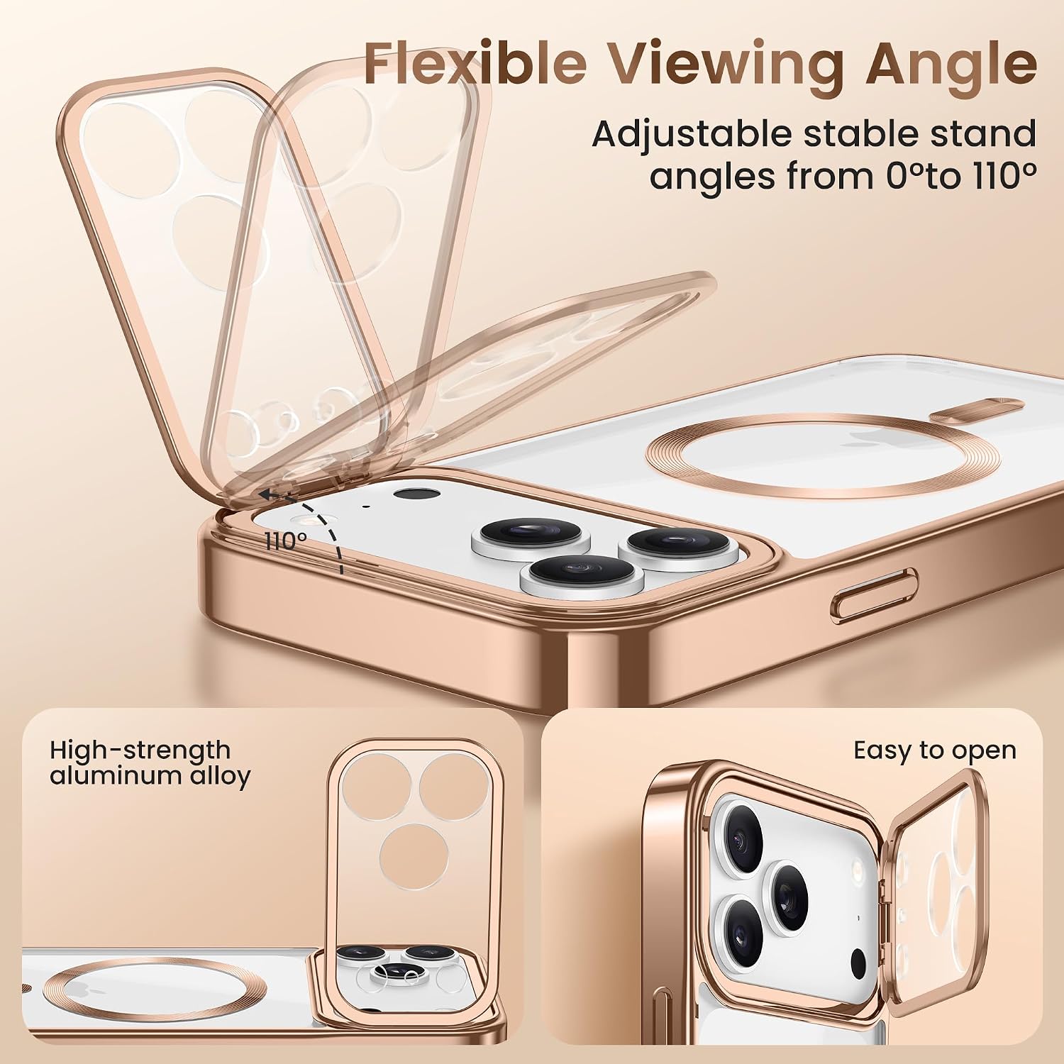 Detalle de GolbinBox iPhone 17 Pro Case with Stand (6.3 inches) for MagSafe, Rose Gold/Clear