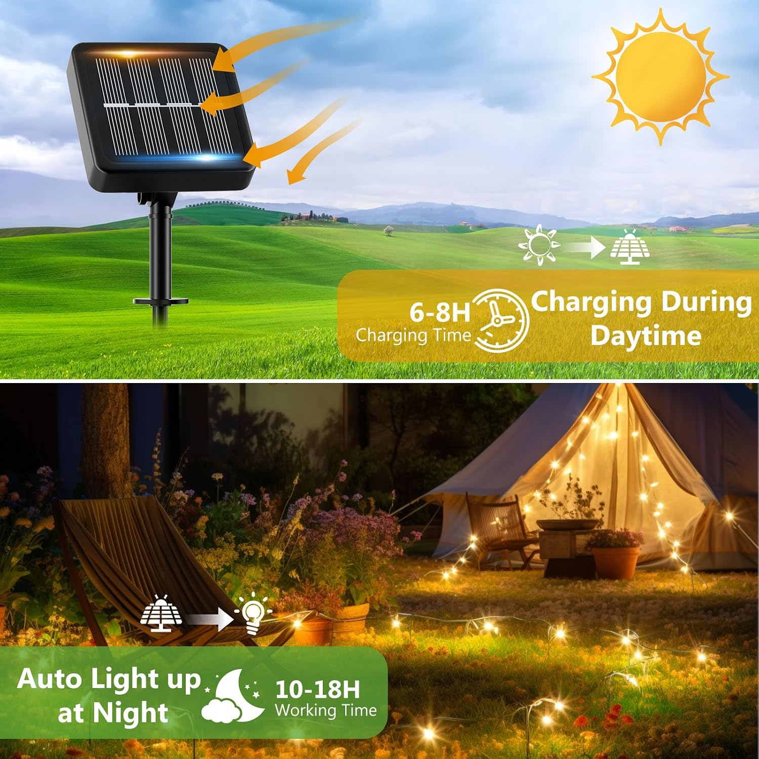 Detalle de Solar Lichterkette Außen (3 x 16 m, 160 LEDs) mit 8 Modi, IP65, für Balkon, Garten & Terrasse
