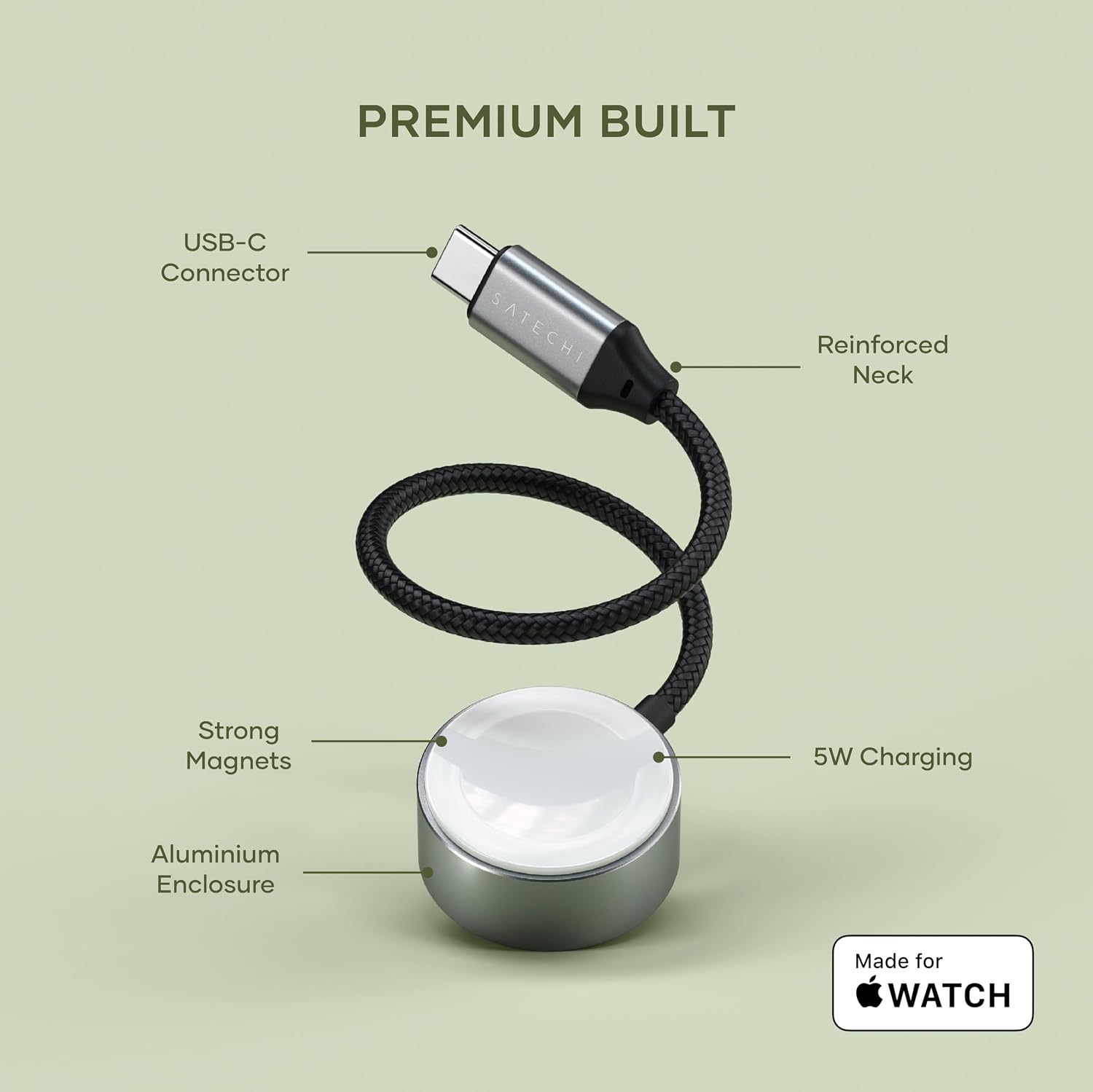 Detalle de Satechi Caricatore magnetico USB-C per Apple Watch (5W) + cavo intrecciato 19 cm, certificato MFi