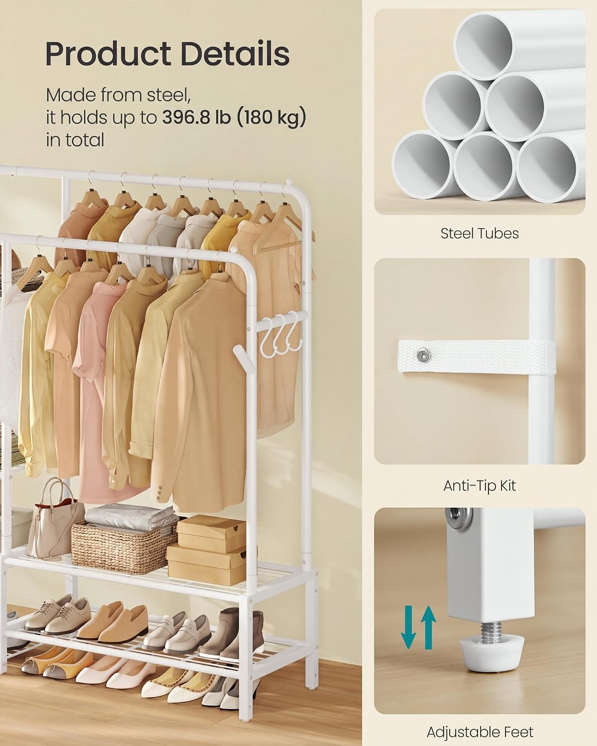 Detalle 1 de SONGMICS HSR182WG01 Clothes Rail with 7 Shelves and 4 Hanging Rails, Matte White