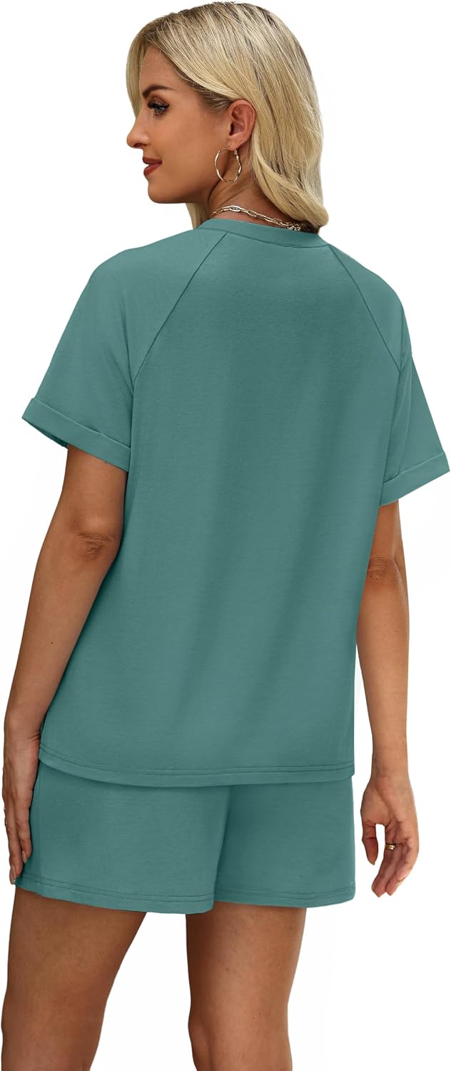Detalle de WIHOLL Two-Piece Short Sets for Women — Casual Short Sleeve Crew Neck Lounge Matching Set