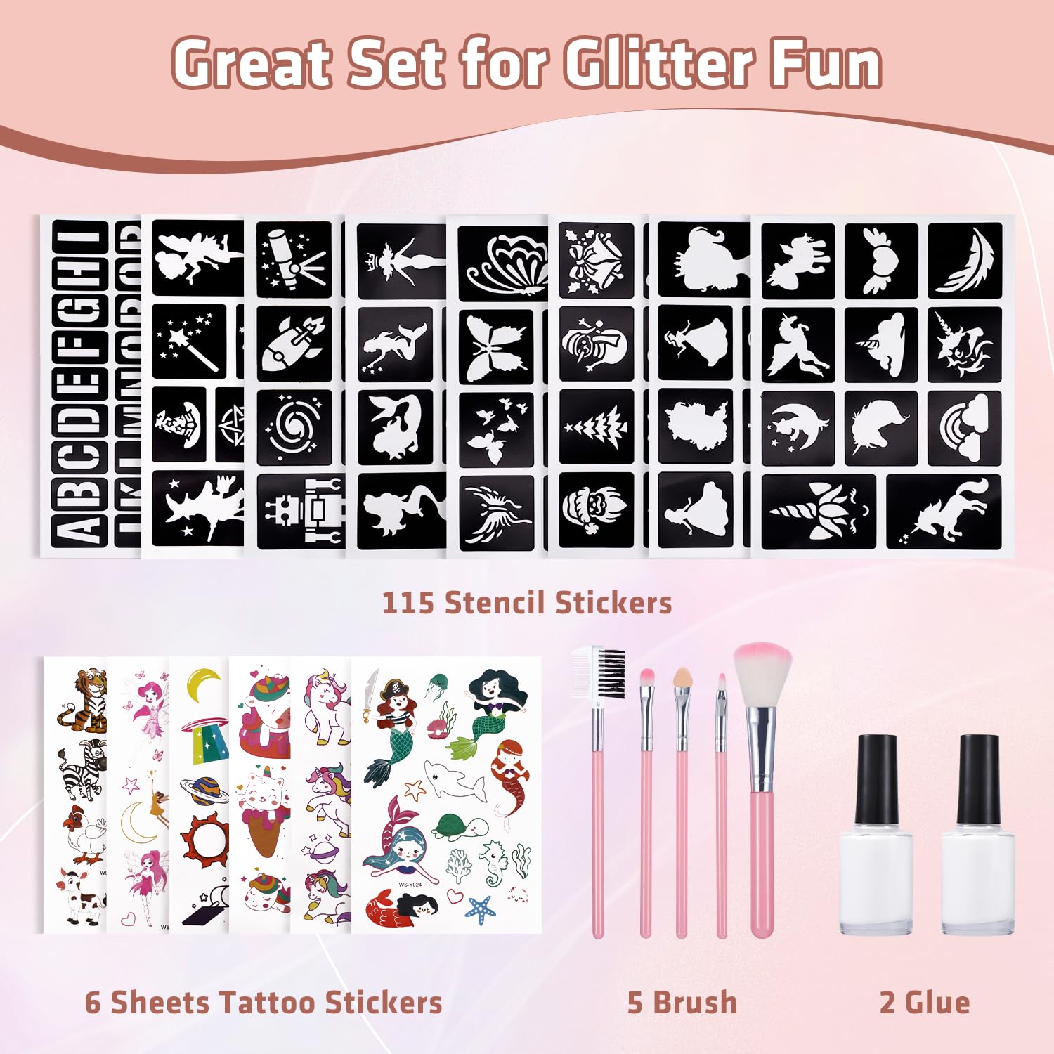 Detalle de Glitzer Tattoo Set Kinder – 18 Glitzerfarben, 115 Schablonen, 5 Pinsel, 2 Kleber