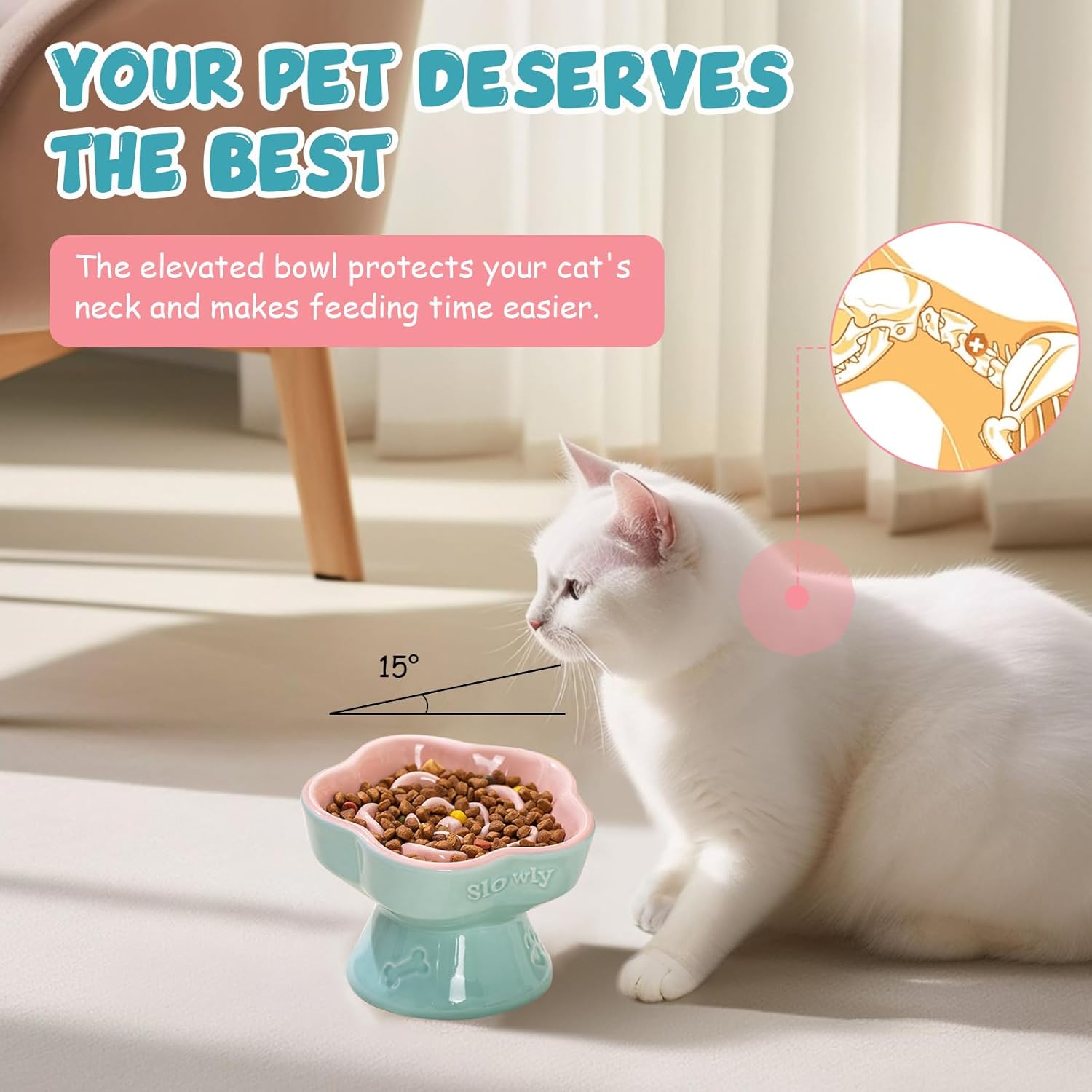 Thumbnail 4 de MEETOZ Raised Slow Feeder Cat Bowl (Ceramic, 5.8in) – Pink flower-shaped elevated slow feeder