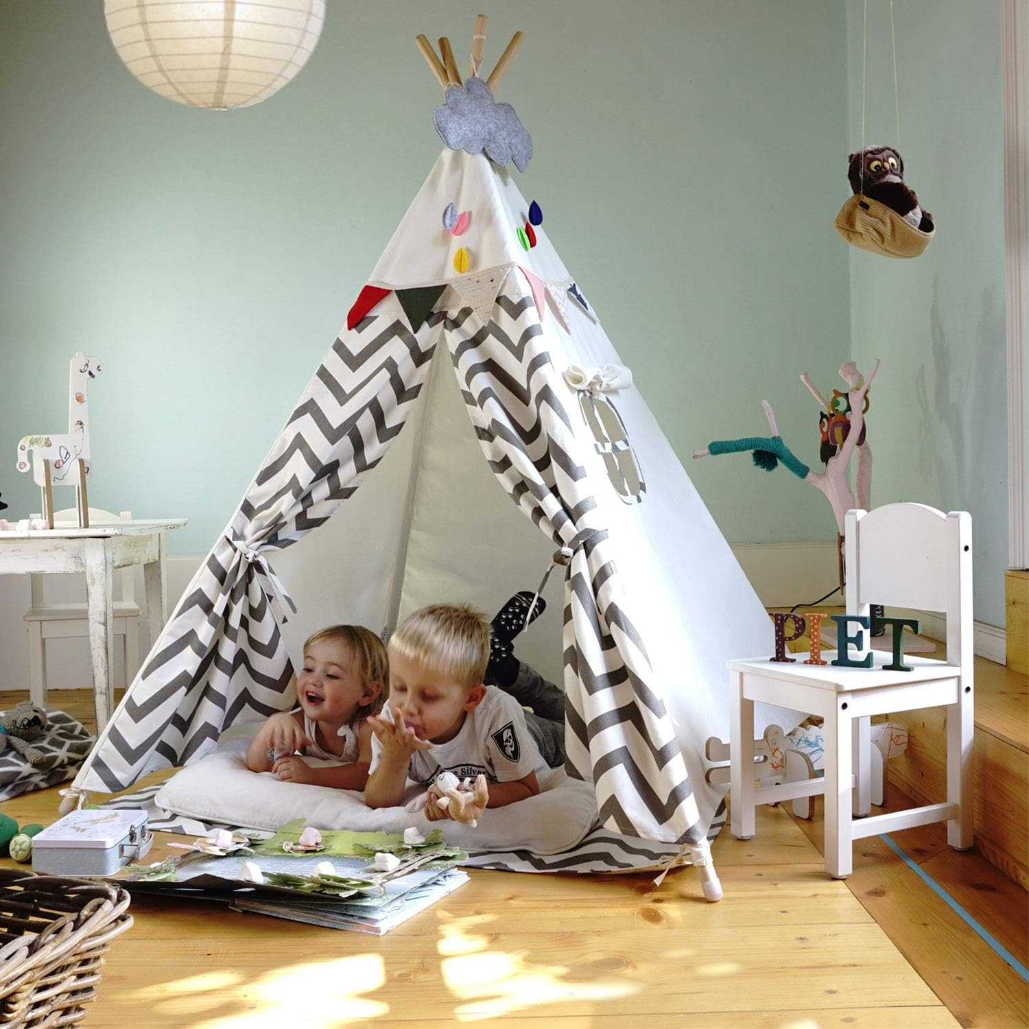 Detalle de p:os Hej Lønne - Tenda Tipi Bianca con punte grigie per bambini