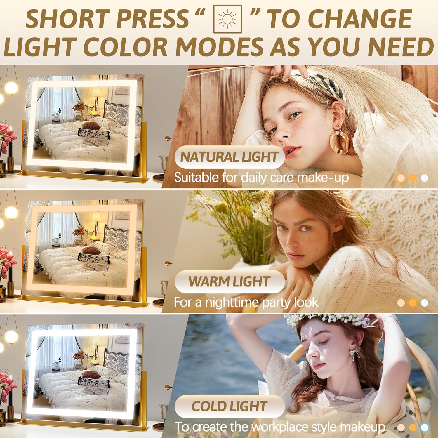 Detalle de ROLOVE Vanity Mirror with Lights (22"x18") – 10X Magnification, 3-Color Dimmable LED, 360° Rotation, USB Charging (Gold)