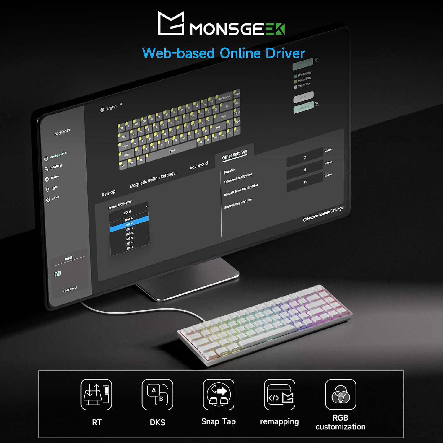 Detalle de MONSGEEK FUN68 HE — Clavier gaming filaire 65% avec déclenchement rapide à 0,005 mm et éclairage RGB