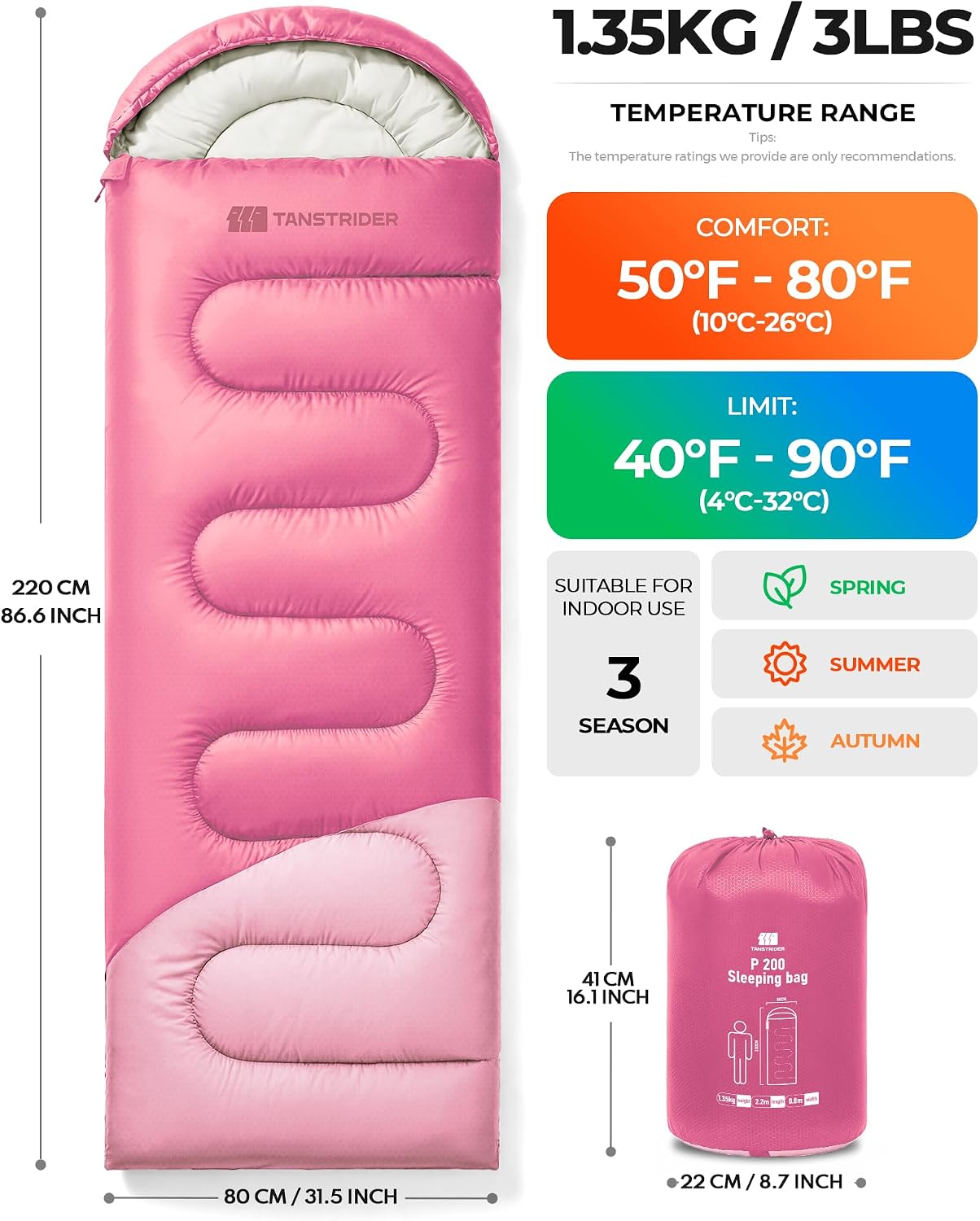 Thumbnail 1 de TANSTRIDER Rectangular Sleeping Bag, 3 lb with Compression Sack, Light Pink