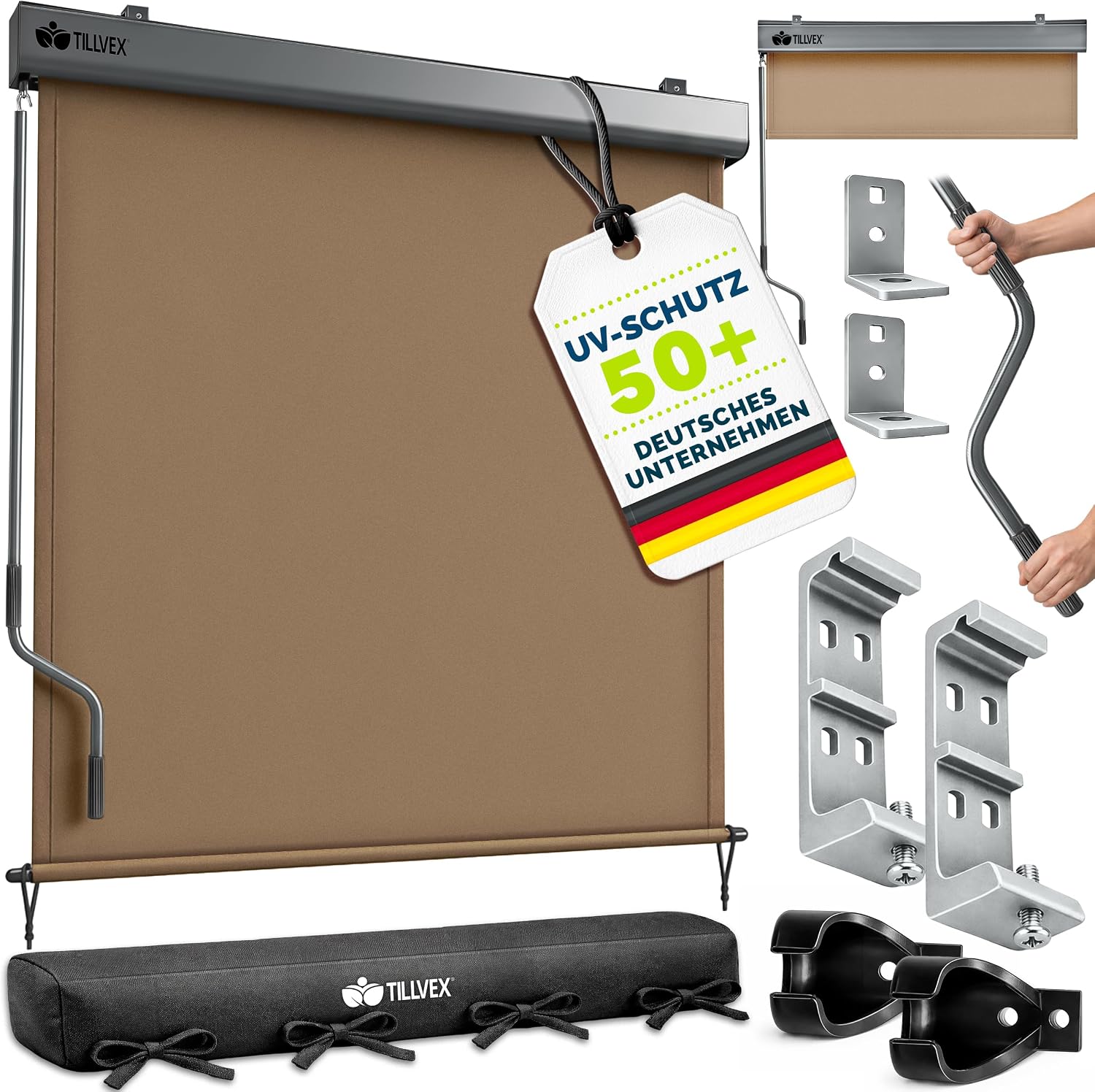 Detalle de tillvex® Senkrechtmarkise 200 x 250 cm mit Regencover – Außenrollo für Sicht- und Sonnenschutz am Balkon