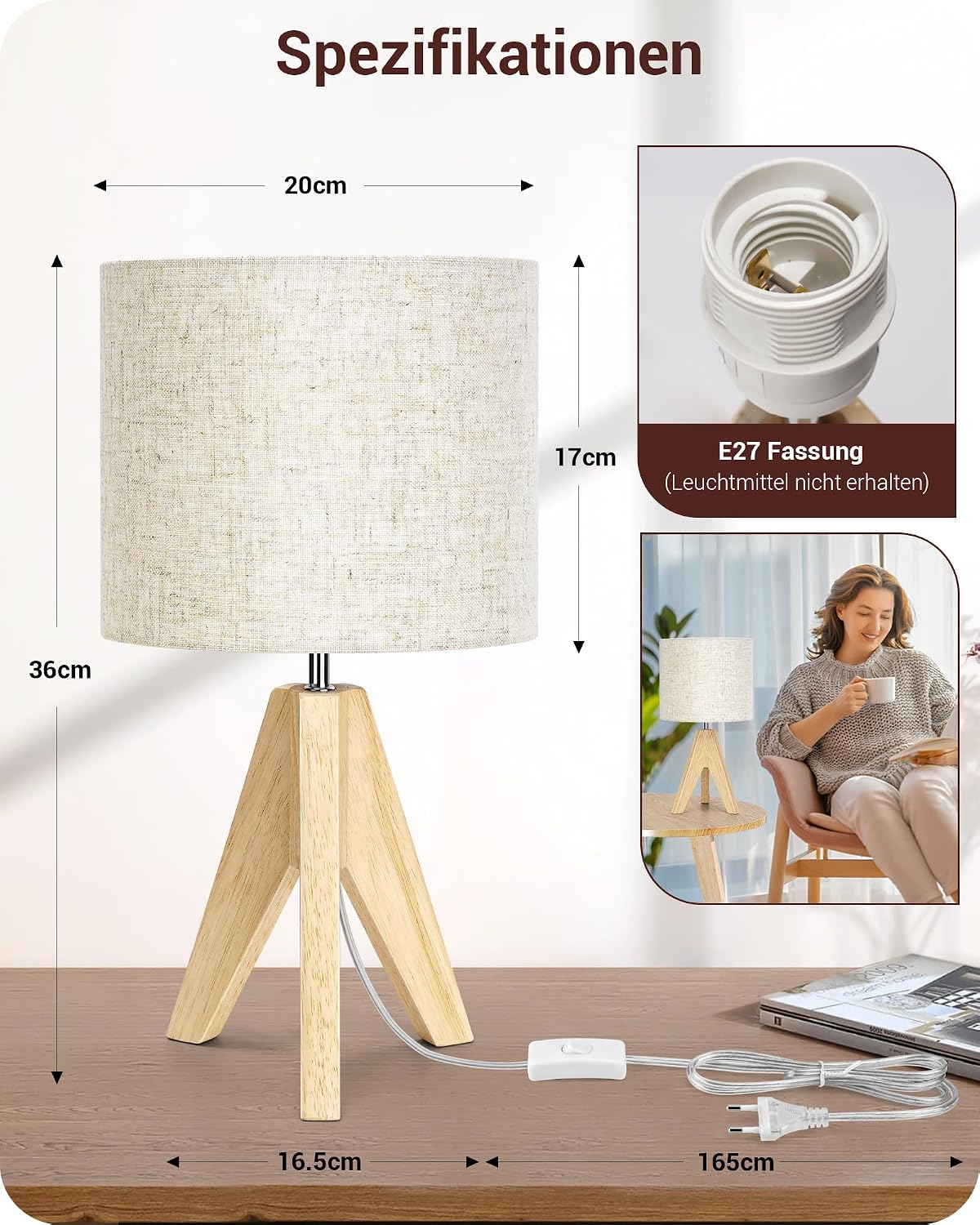 Detalle 2 de EDISHINE Nachttischlampe aus Holz mit E27-Fassung und beigem Leinen-Schirm (36 cm)