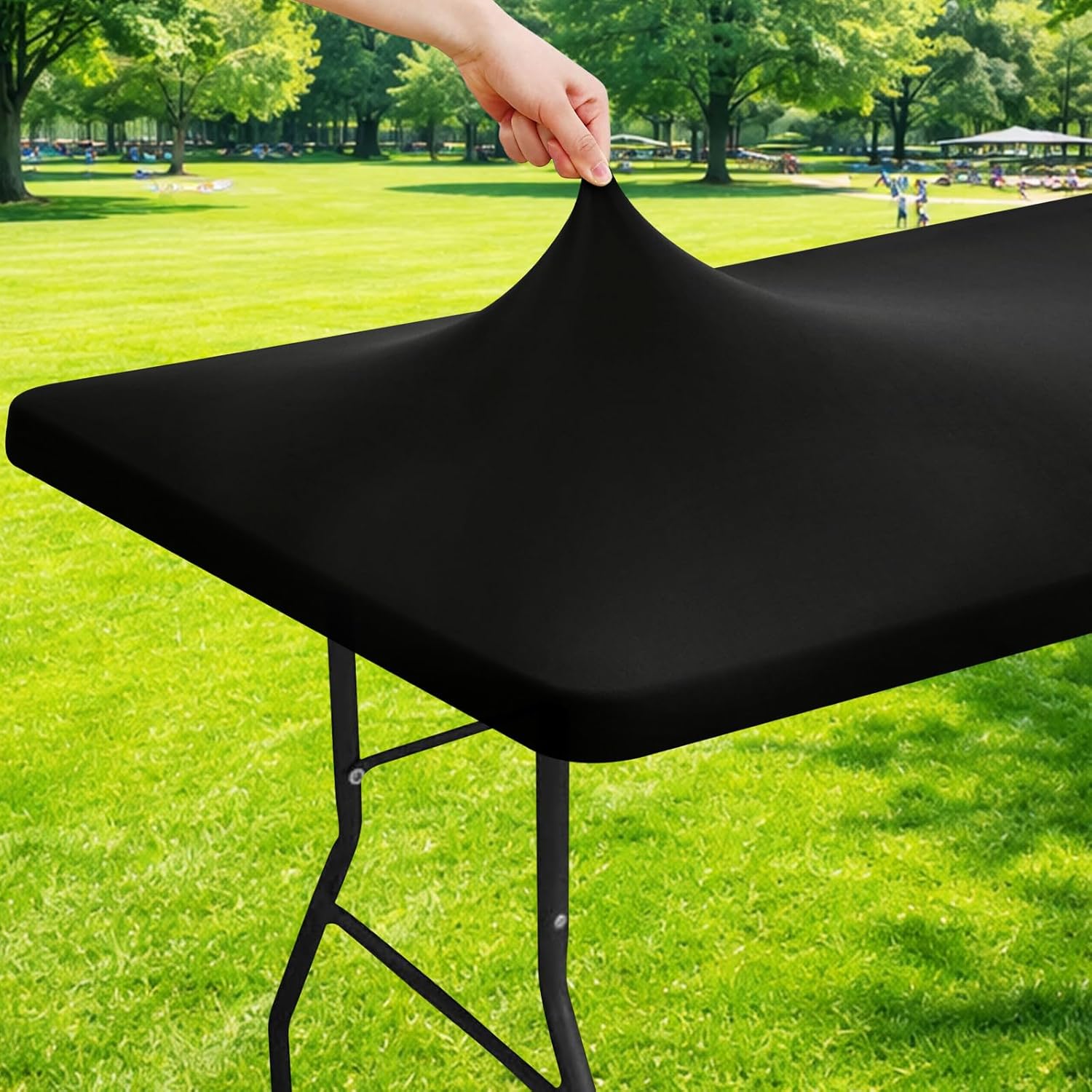 Moosfor Spandex 6 Foot Rectangle Table Cloth (Black) — Elastic Fitted, Waterproof, Washable Outdoor Table Cover, 30"x72