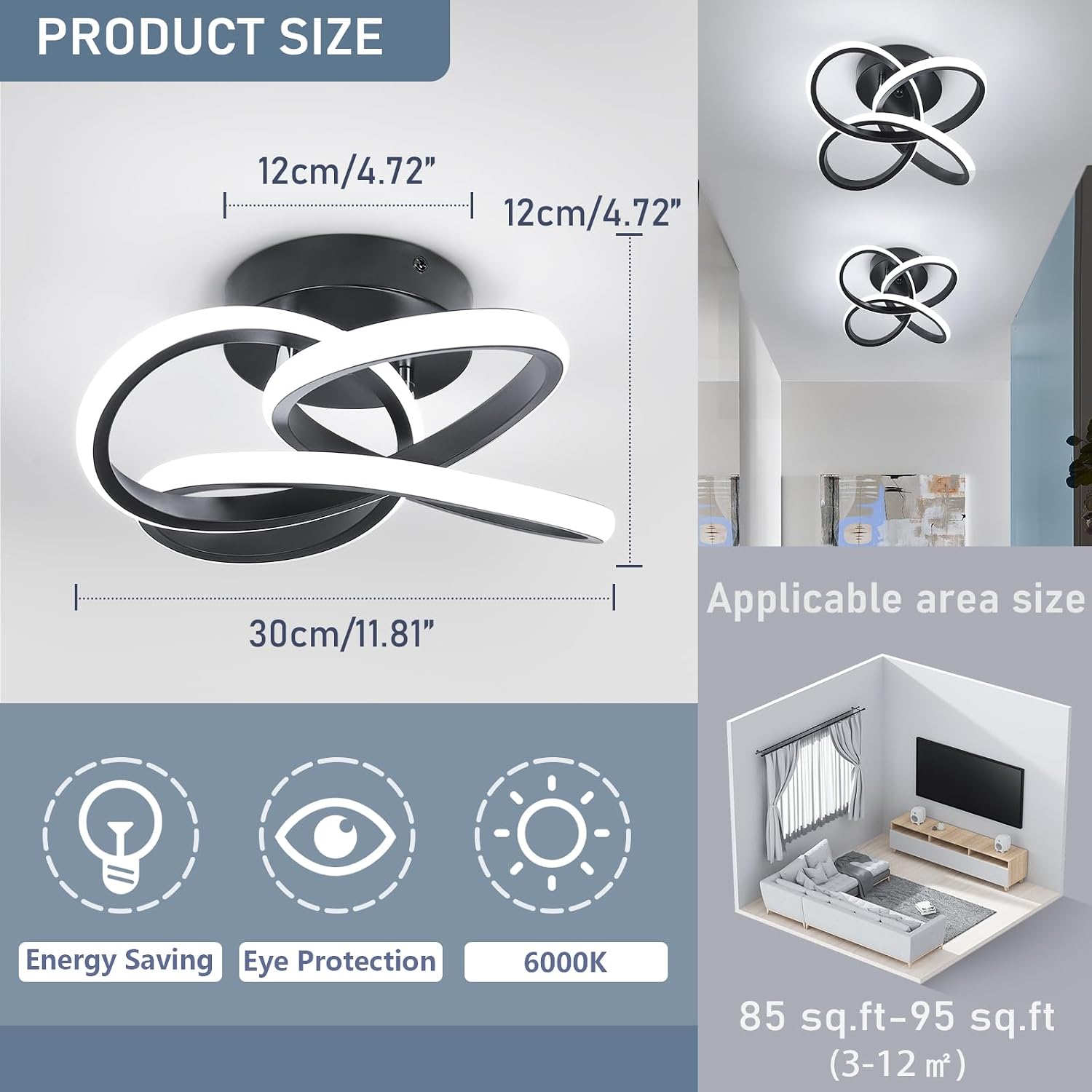 Detalle 2 de Black 30cm LED ceiling light, 26W 6000K