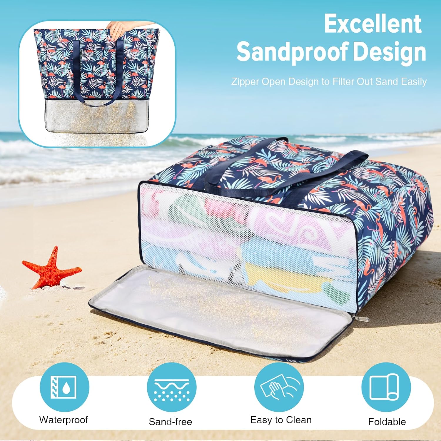 Thumbnail 6 de LUROON Strandtasche XXL Familie mit Reißverschluss – Große, faltbare Badetasche 45L für Strand, Pool & Reisen
