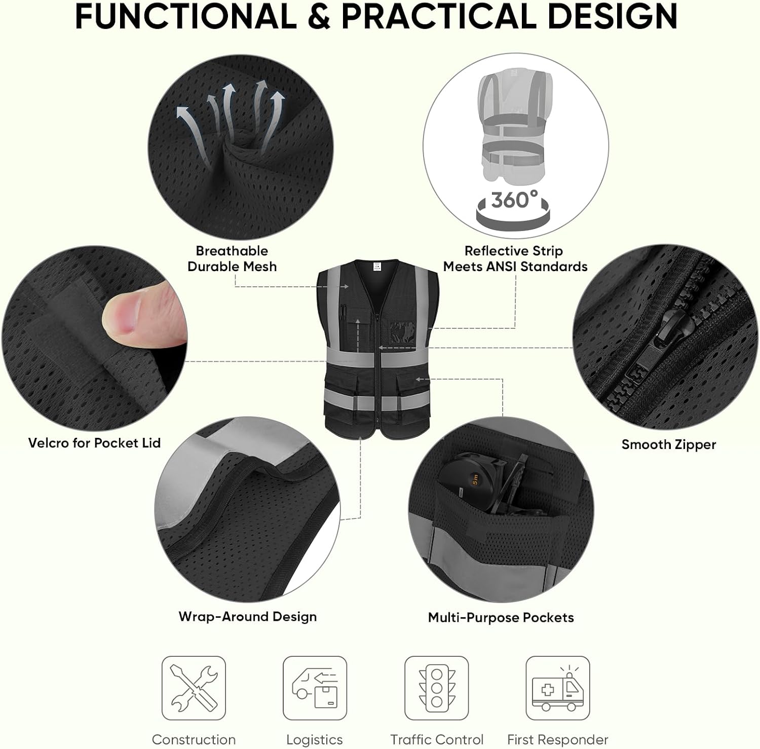Detalle 2 de TICONN SV-1 ANSI Class 2 Reflective Safety Vest with Mesh and Pockets