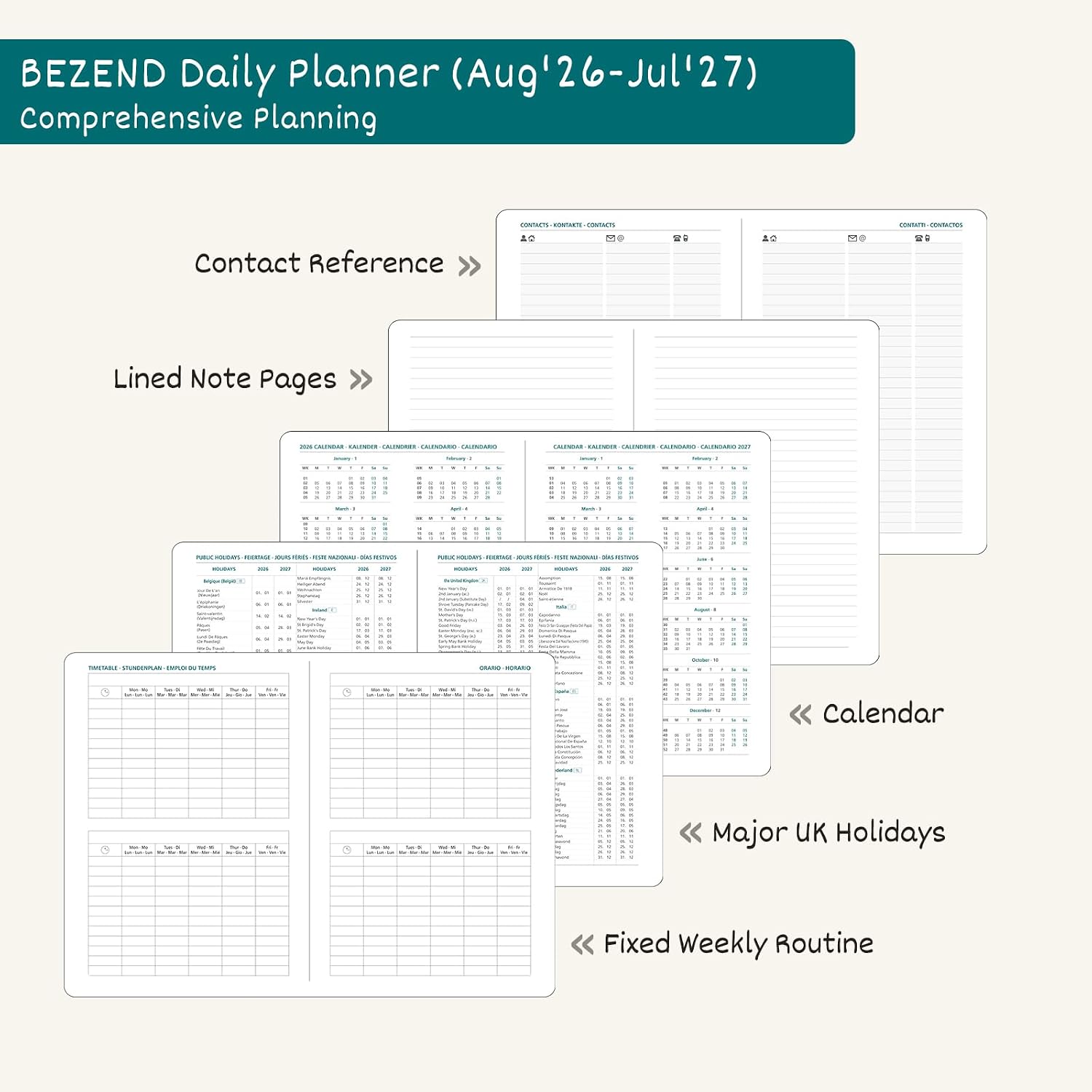 Detalle 2 de BEZEND A5 Academic Diary 2026-2027: Page A Day, 30-Minute Intervals