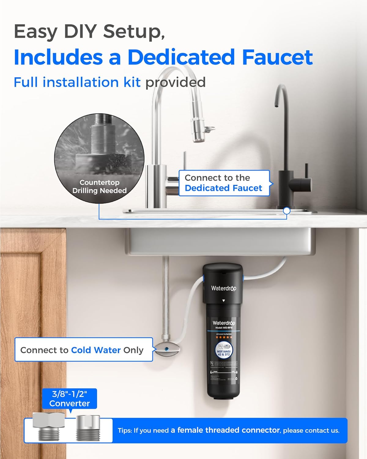 Detalle de Waterdrop 10UB-B under sink water filter with matte black tap (NSF/ANSI 42 certified) – up to 11,000 gallons