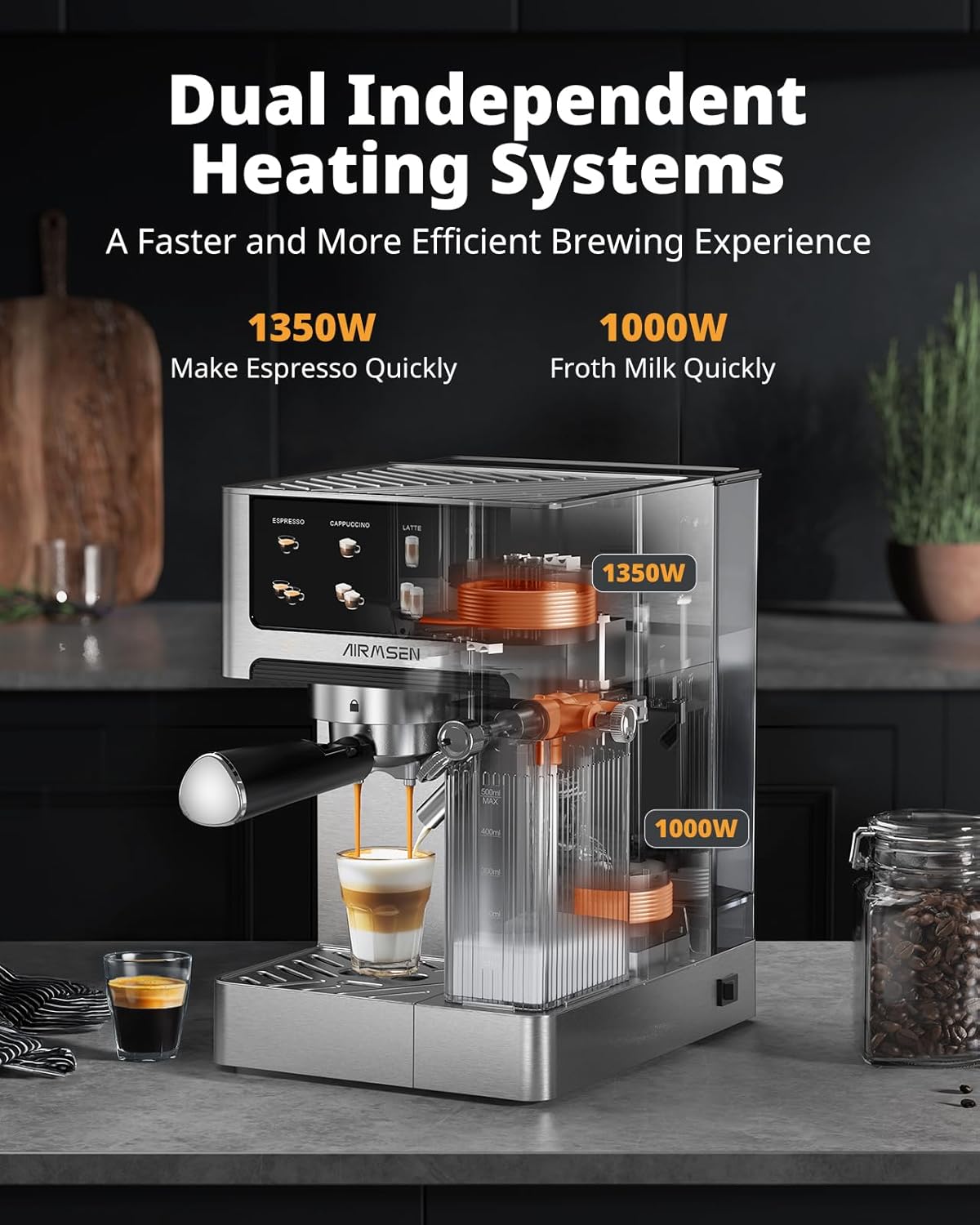 Detalle de AIRMSEN 20 Bar Espresso Machine with Automatic Milk Frother: Dual Boiler Convenience in Stainless Steel