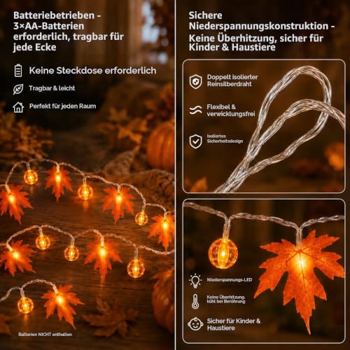 Detalle de LakiHomi Herbst Dekoration | 3 m LED-Lichterkette mit Ahornblättern und Kürbisperlen (20 LEDs, Timer)